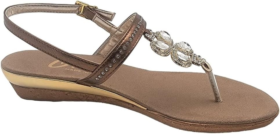 Women’s Onex Leather Wedge Slide Sandals Bronze Swarovski Crystal Italy