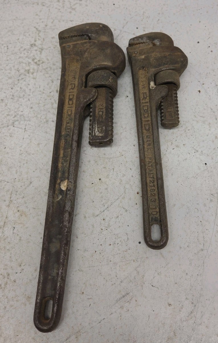 RIGID 10" & 12" Heavy Duty Pipe Wrench USA The Ridge Tool Company Vintage Steel