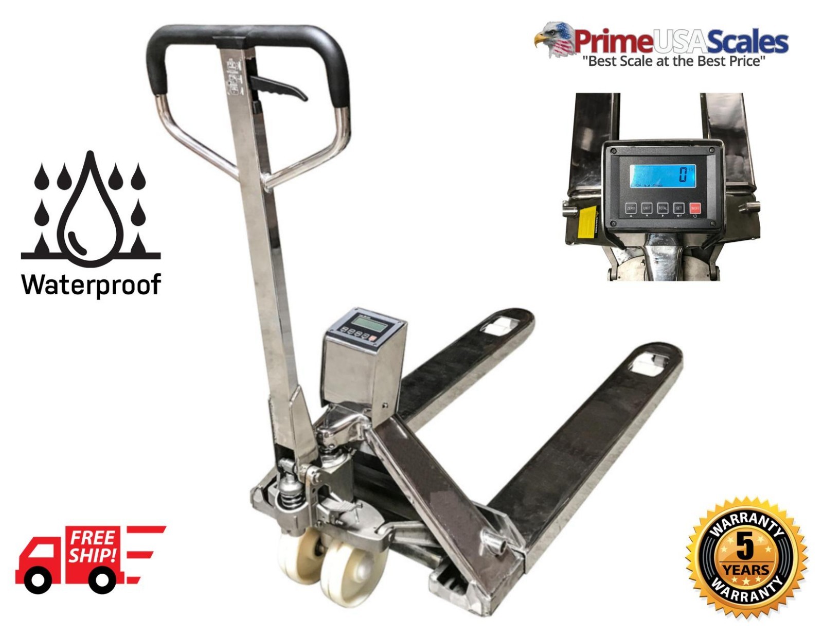 OP-918SS Full Stainless Steel Pallet Jack Scale 2,500 x .5 lb Wash Down IP67