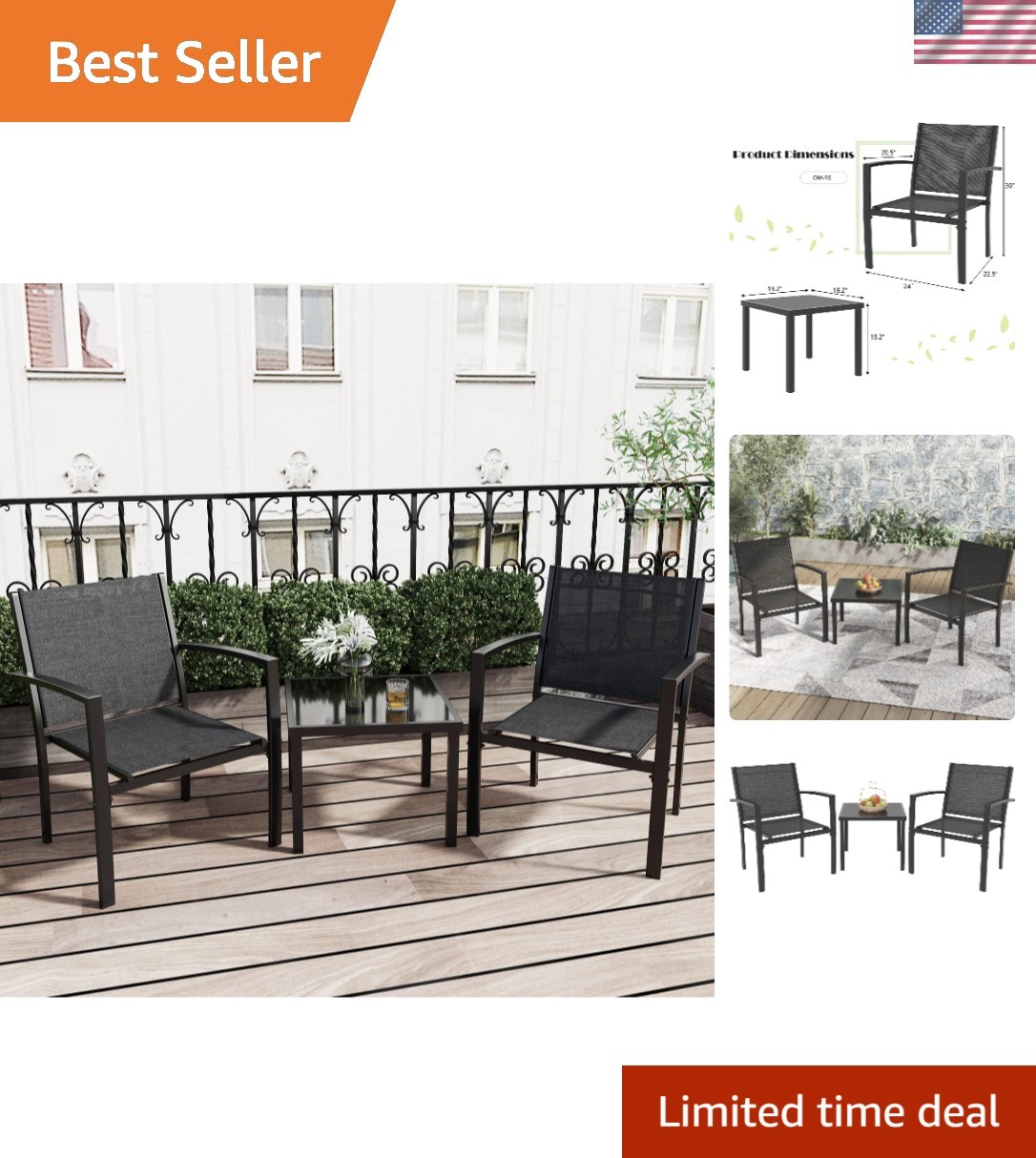 Elegant 3-Piece Black Patio Furniture Set with Glass Table & Textilene Chairs