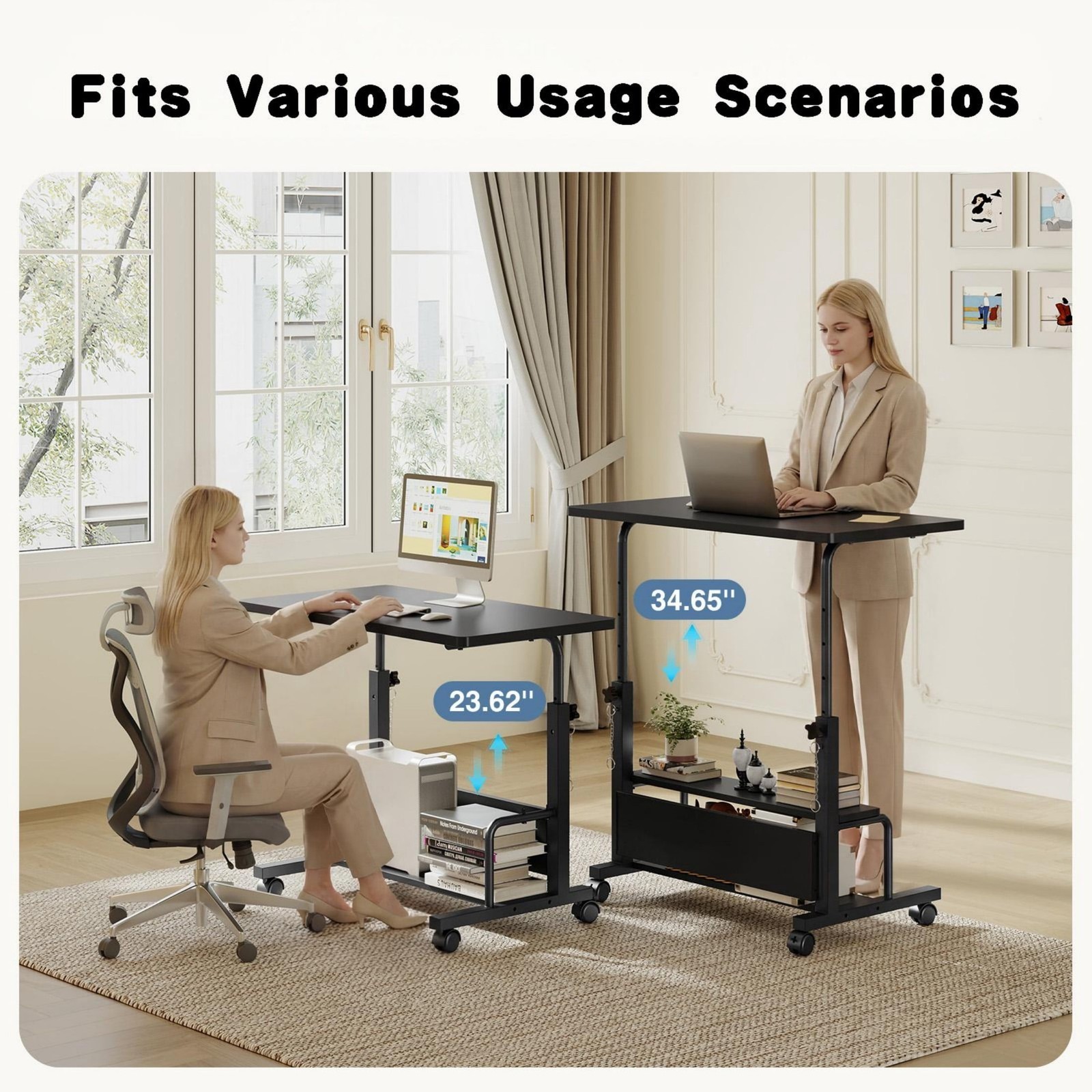 Height Adjustable Bedside Table Rolling Laptop Standing Desk w/2 Tier Storage