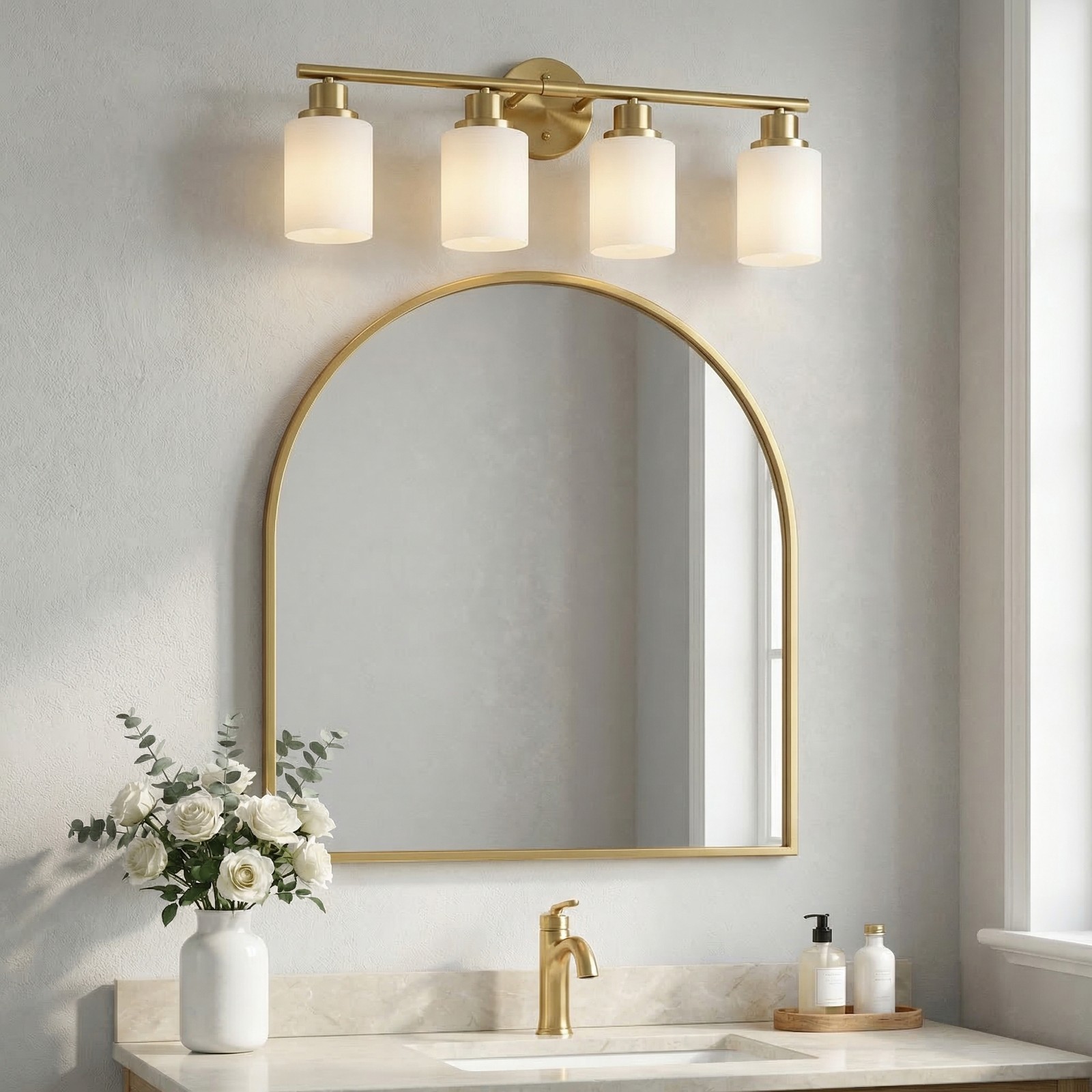 Glass Shade Gold Vanity Light 24 inch 4-Lights Wall Fixture for Bathroom Mirror