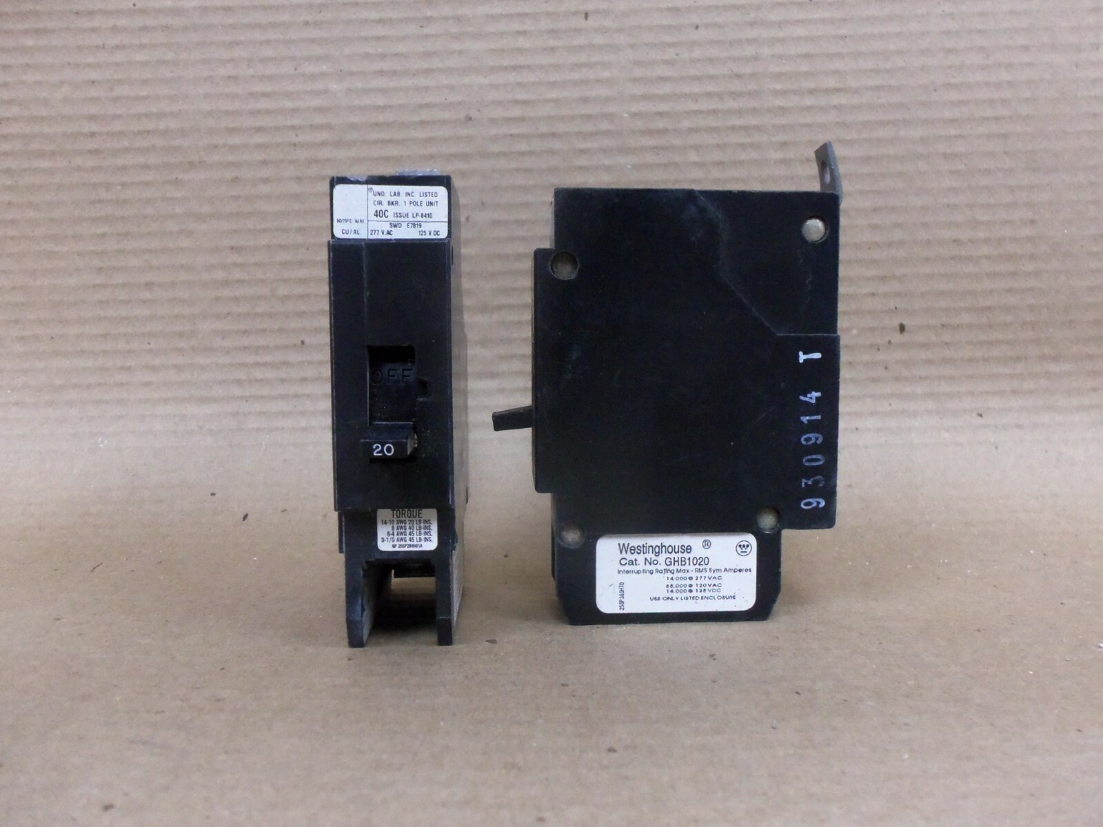 LOT OF 2 New No Box Eaton Cutler GHB GHB1020 1 Pole 20 Amp 120/277V Breaker