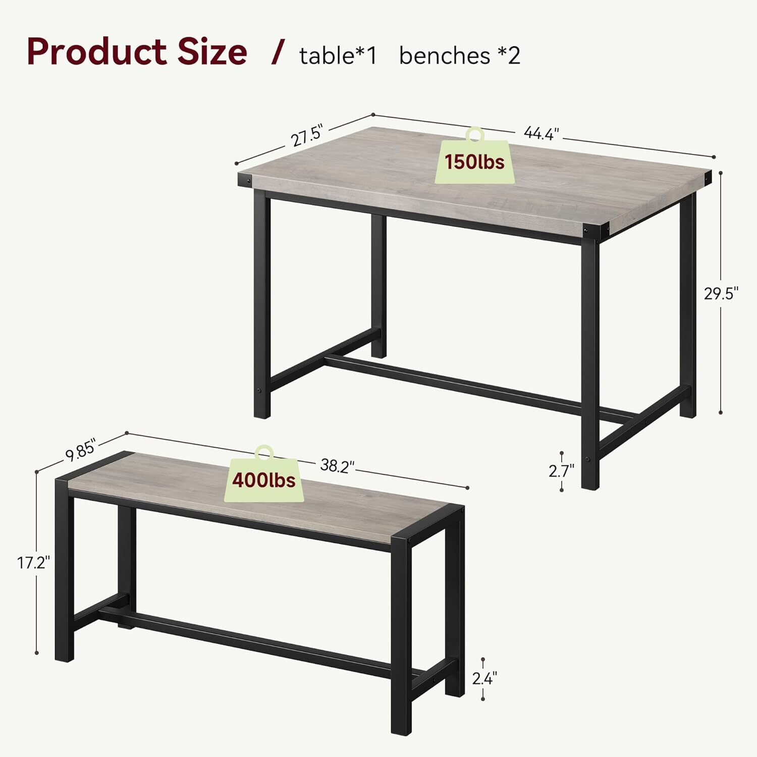 Kitchen Dining Table Set for 4 People Dinner Table with 2 Bench for Dining Room