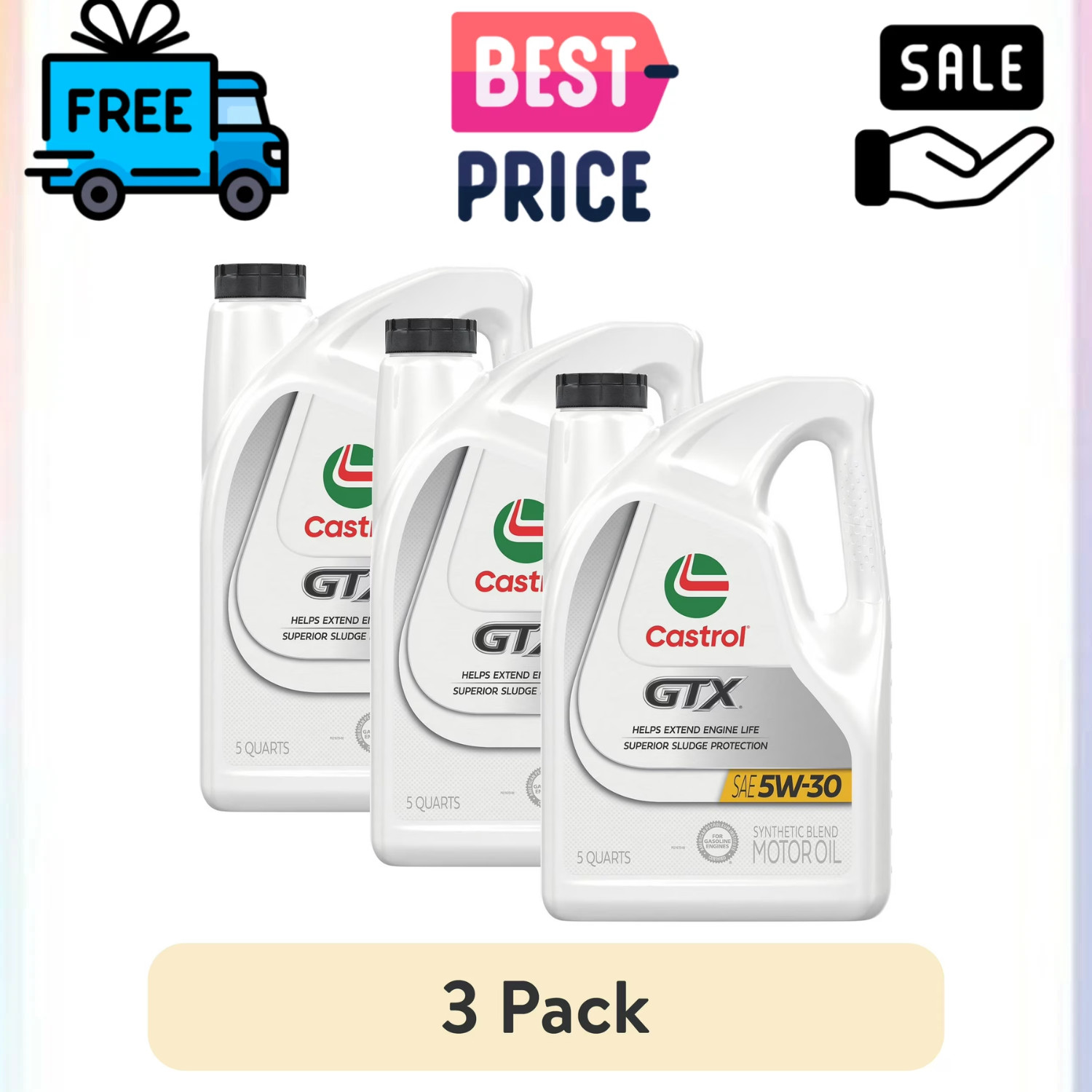 3 Pack Castrol GTX 5W30 Synthetic Blend Motor Oil 5 Quart Fuel Economy Boost