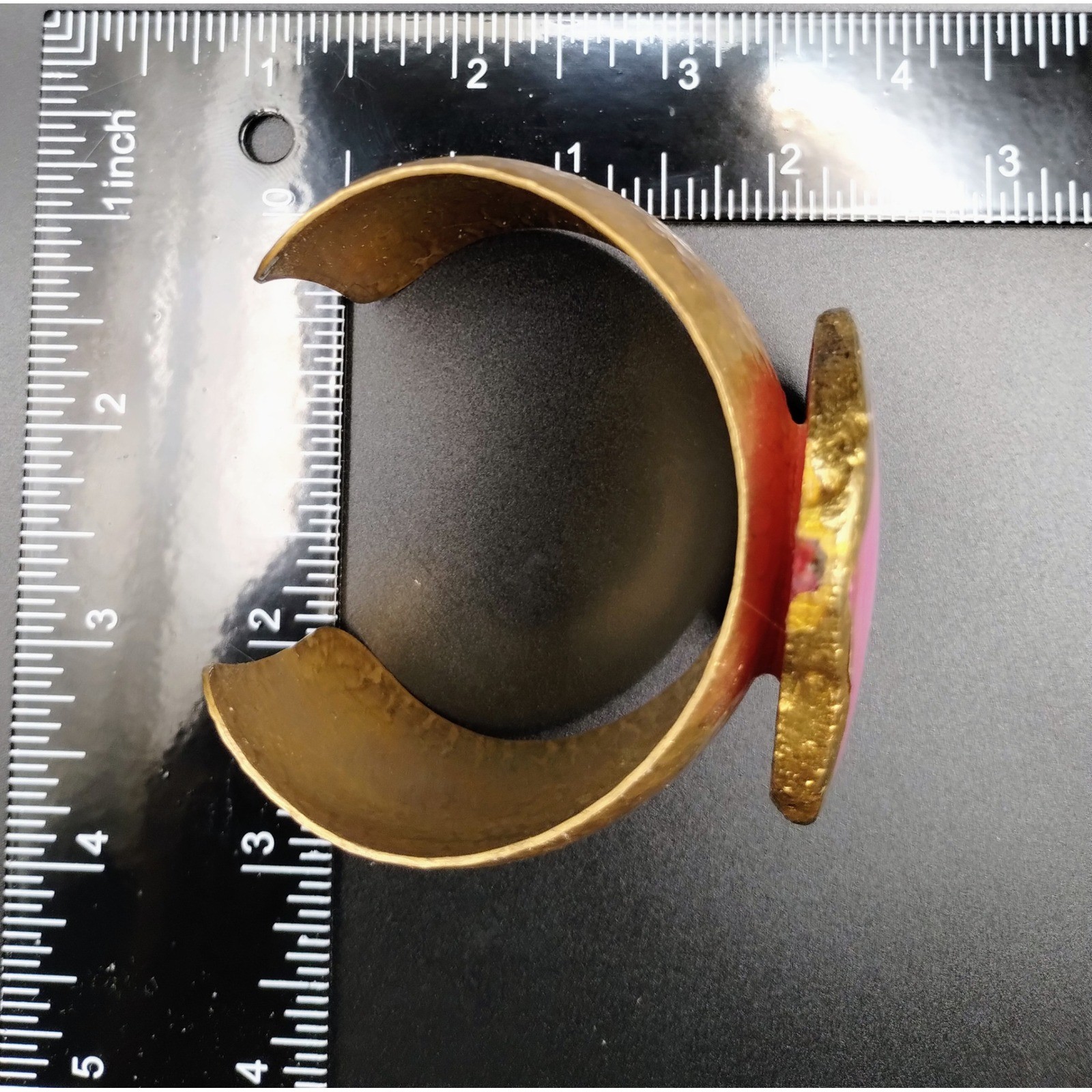 Handcrafted Hammered Goldtone Cuff Bracelet Pink Agate Geode Slice Statement