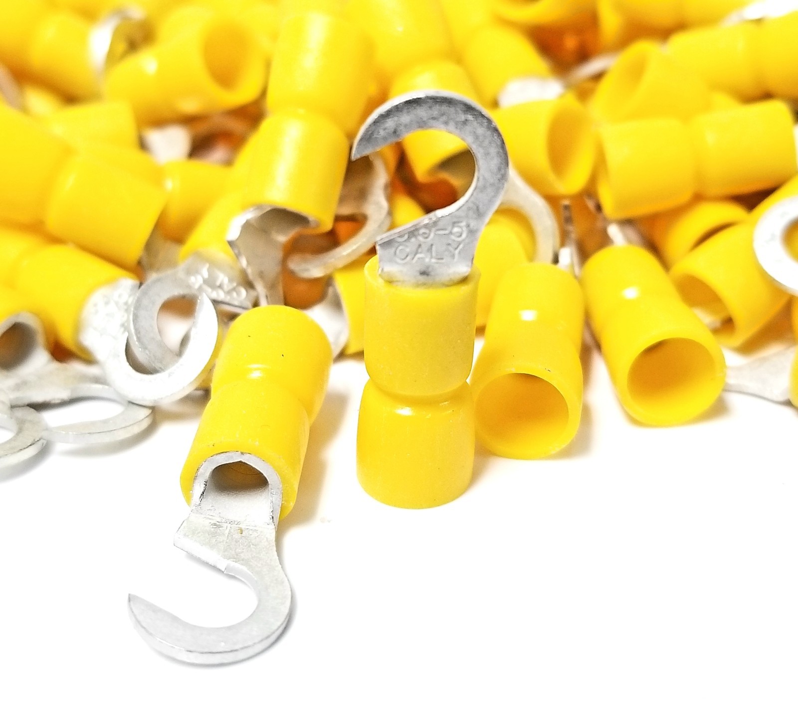 100PK Hook Ring Terminal, 12-10 Yellow Vinyl Insulated #10 Hook
