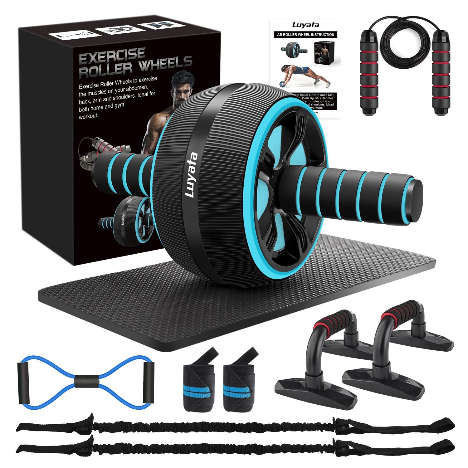 10 In 1 Ab Roller Wheel Exercise Kit With Resistance Bands Knee Mat And Push Up