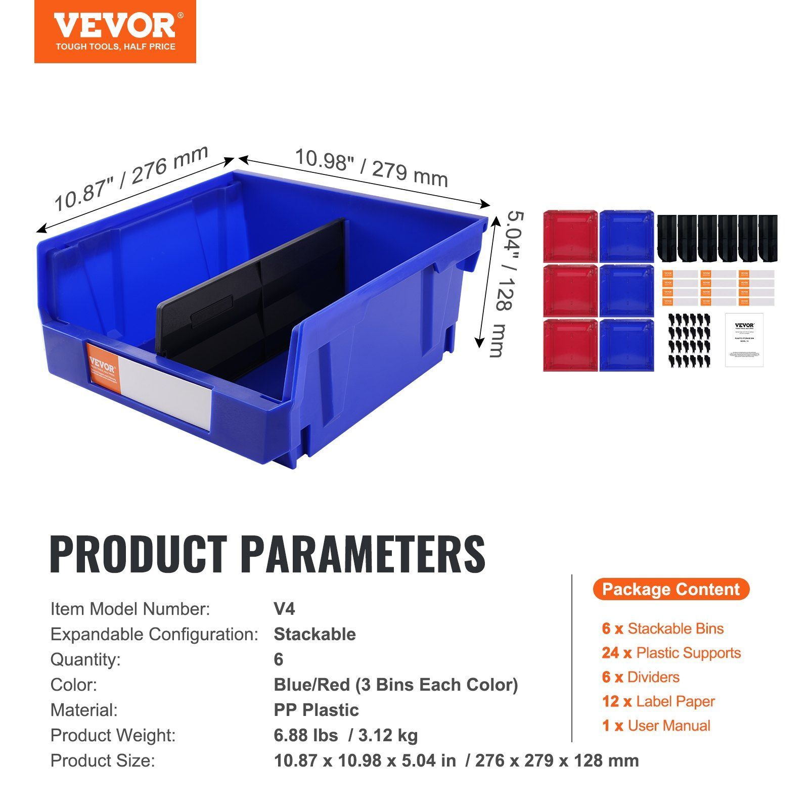 6-Pack 11'' x 11'' x 5'' Hanging Stackable Plastic Storage Organizer Bin