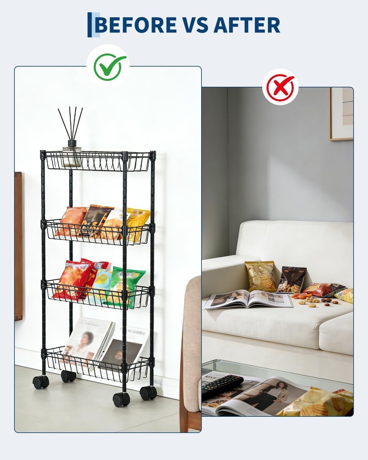 4-Tier Slim Rolling Storage Cart, Metal Utility Cart on Wheels, Multi-Functional