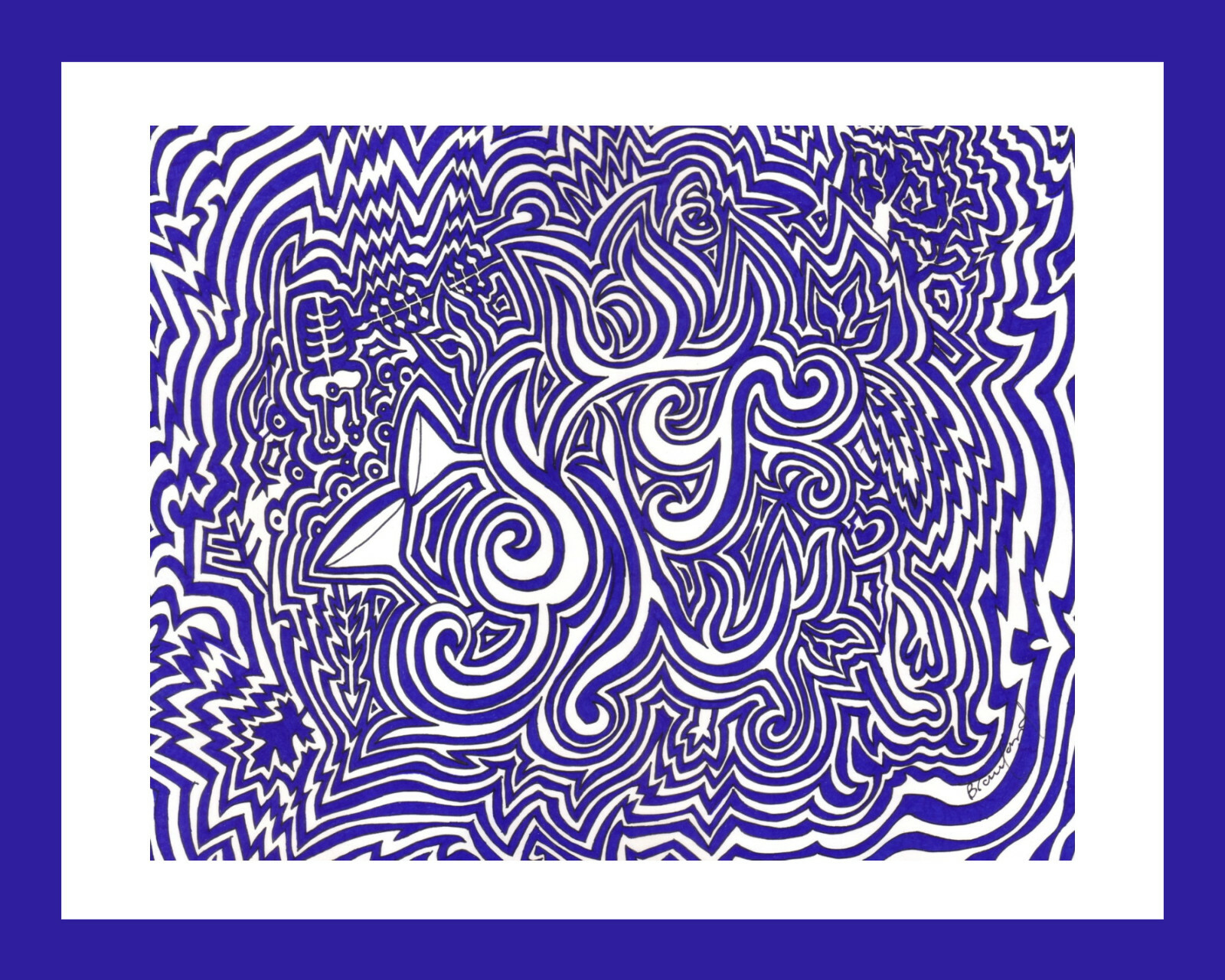 Ink Drawing -- Blue & White Abstract Signed by Artist  "Cocktails for Two"