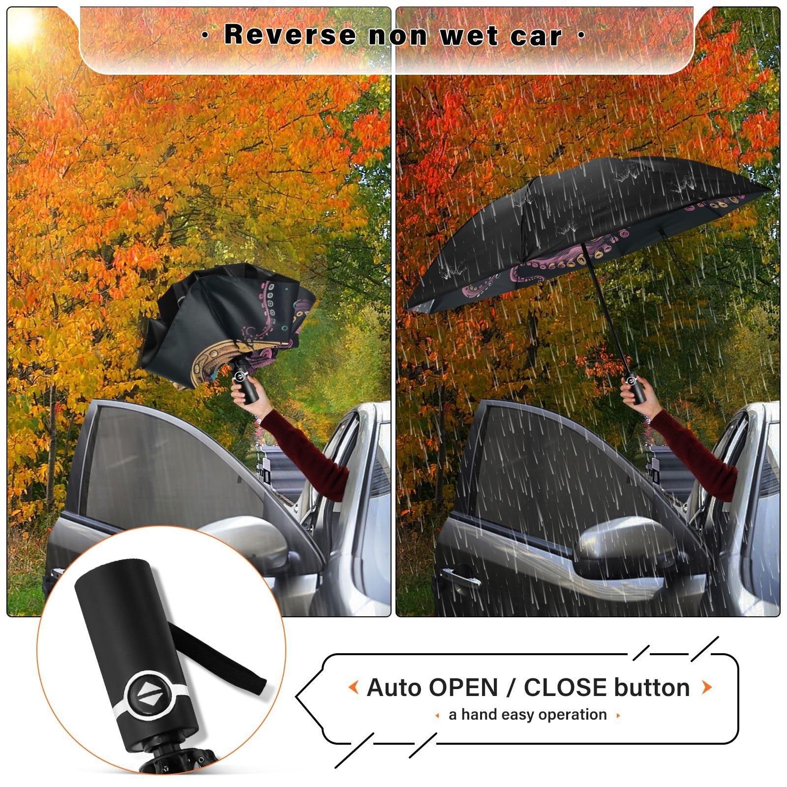 Large Windproof Umbrella Auto Open Folding Umbrella, 8 Ribs Rain Proof Revers...