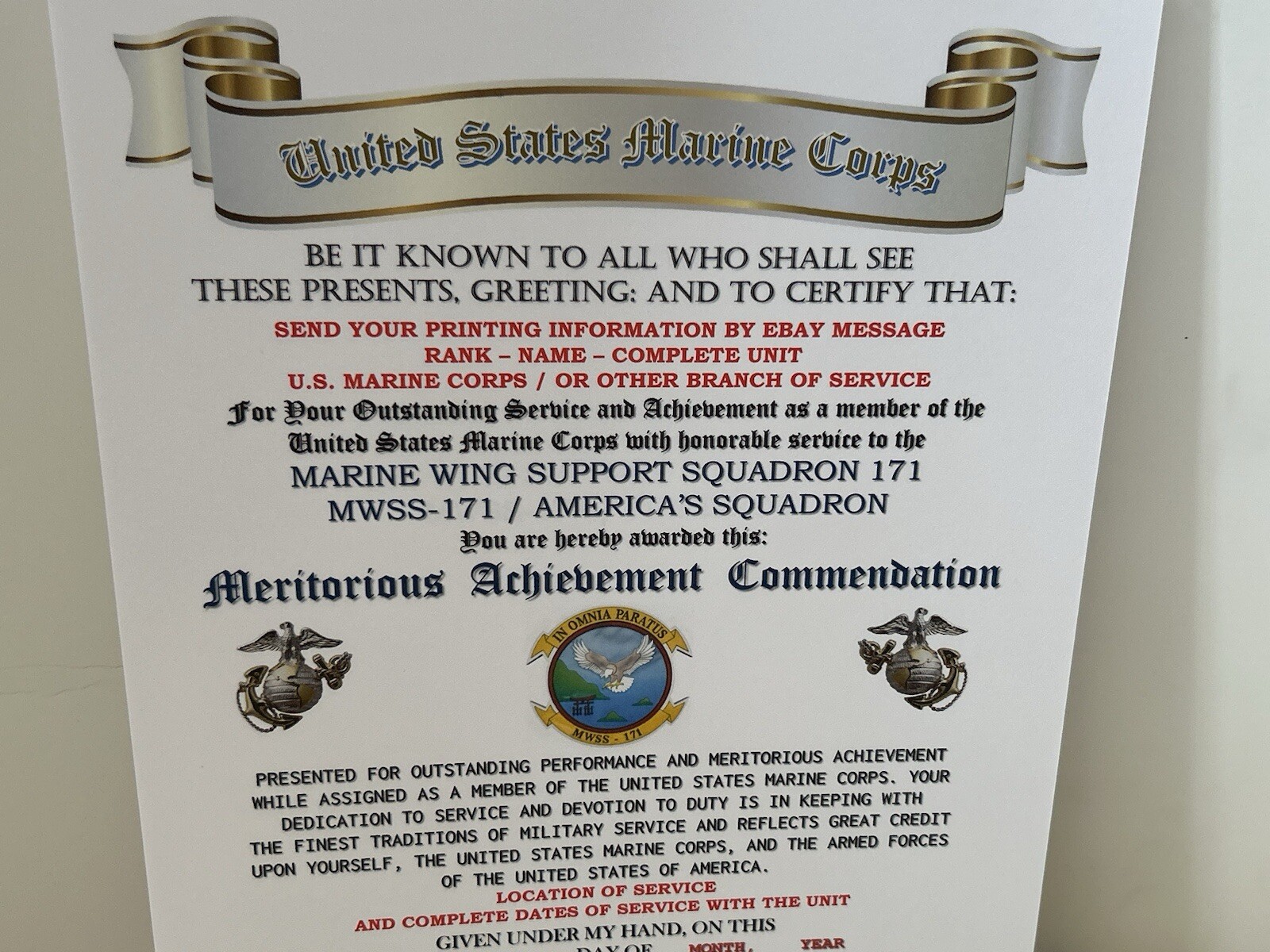 U.S.M.C. / 171ST WING SUPPORT SQUADRON / MERITORIOUS ACHIEVEMENT COMMENDATION