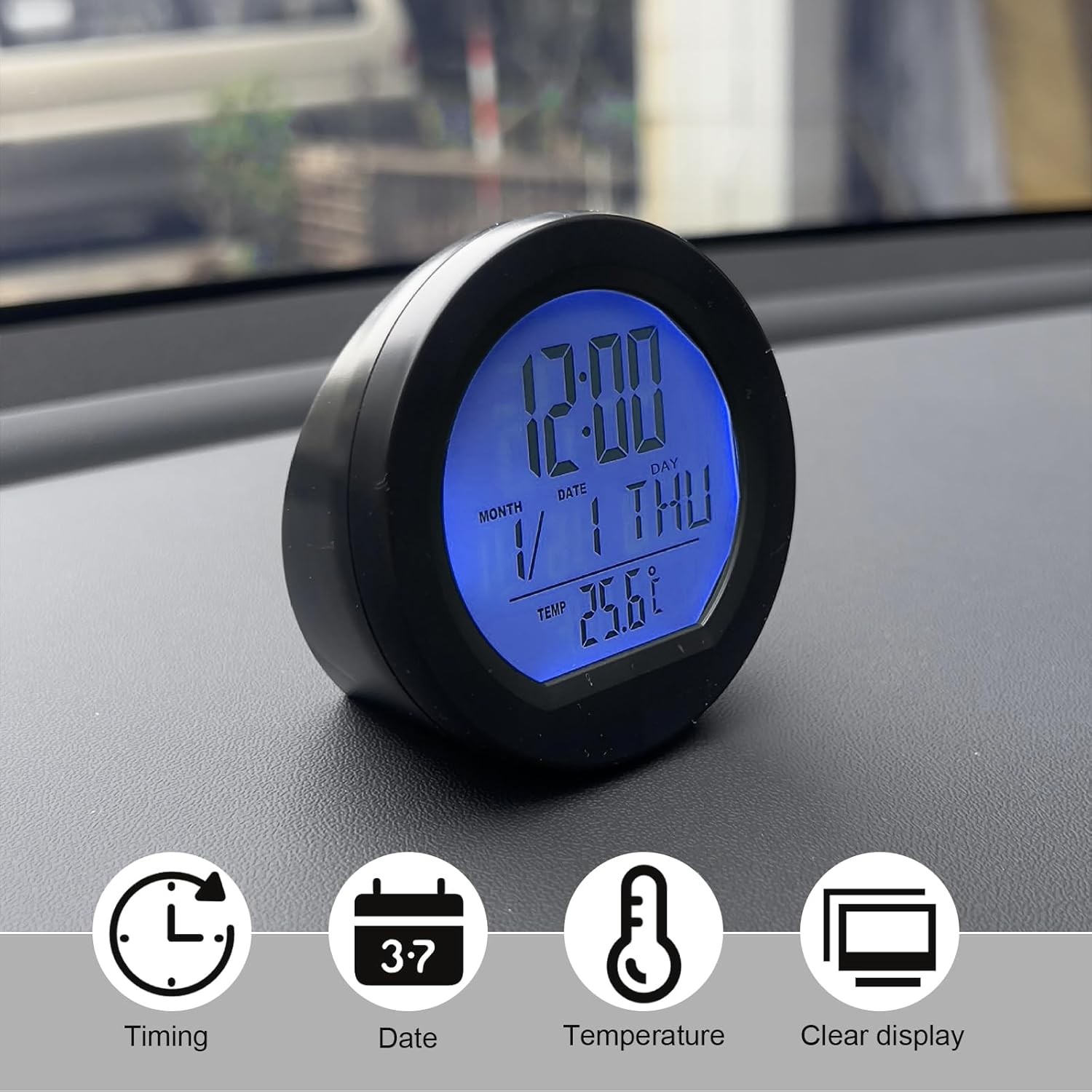Car Digital Thermometer Clock, Dashboard Clock w Color: Standard Digital Clock