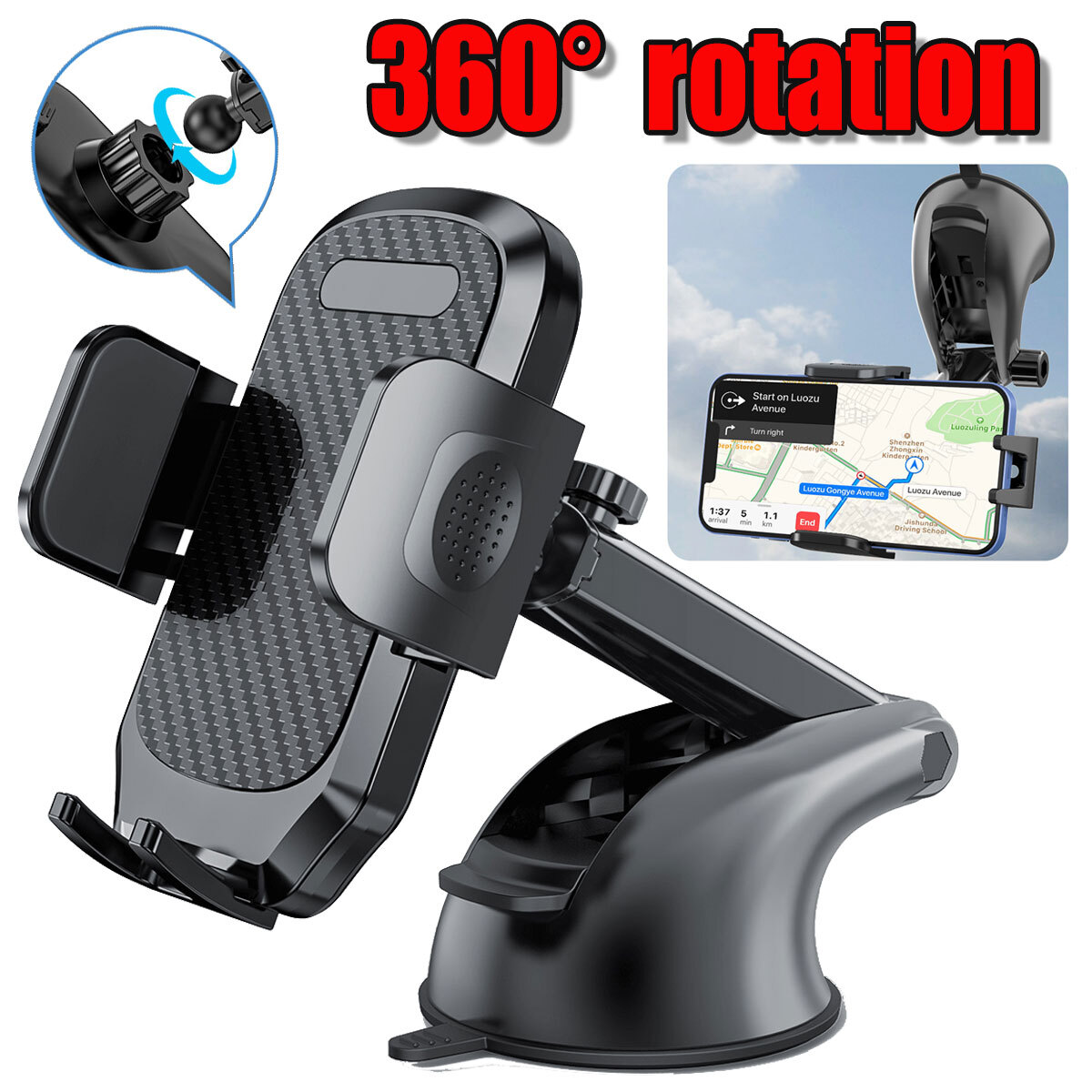 Car Windshield Mount Cradle Holder Stand GPS for Cell Phone Universal 360° Black