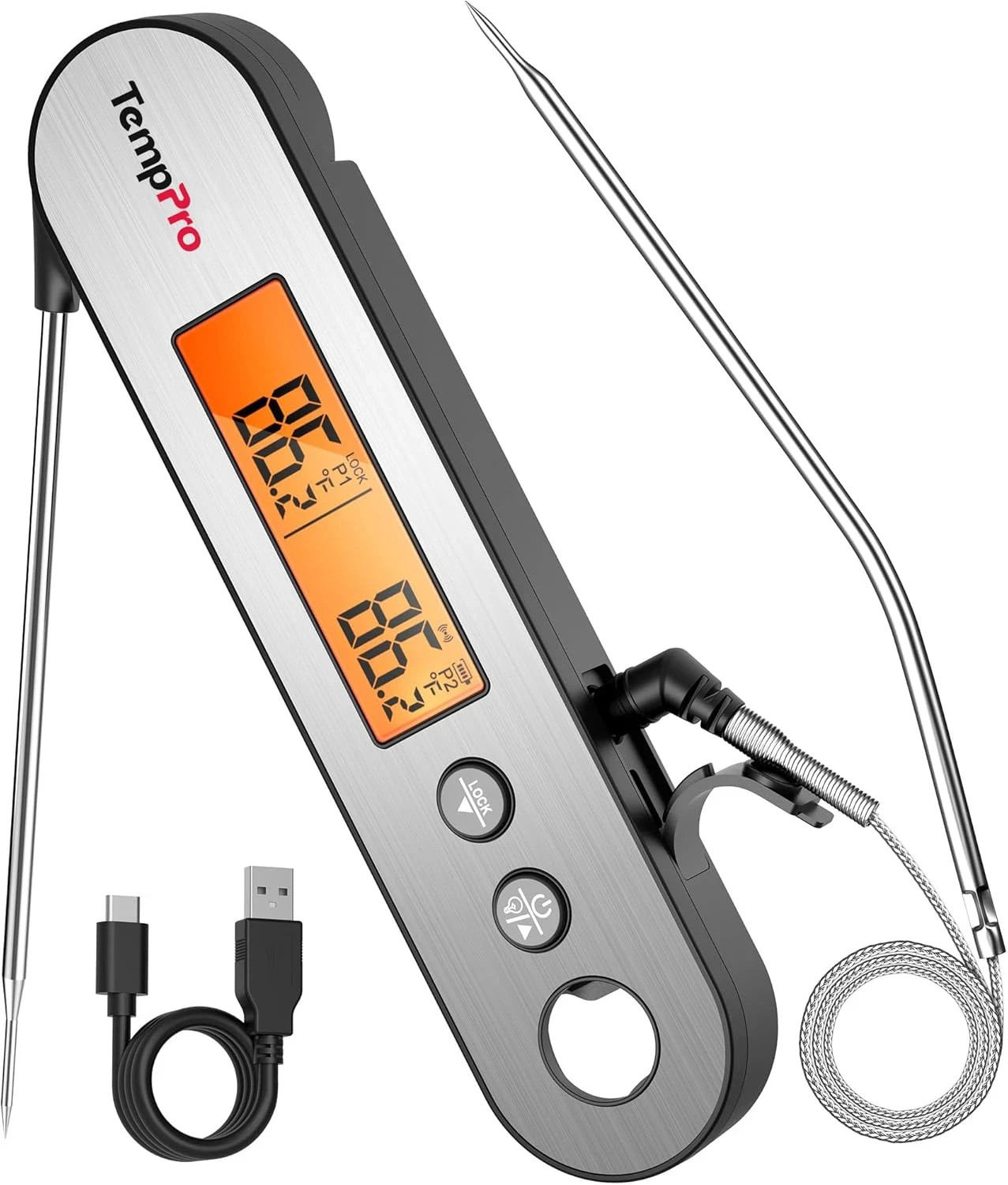 TP610 Rechargeable Instant Read Thermometer for Cooking, Stainless Steel Meat Th