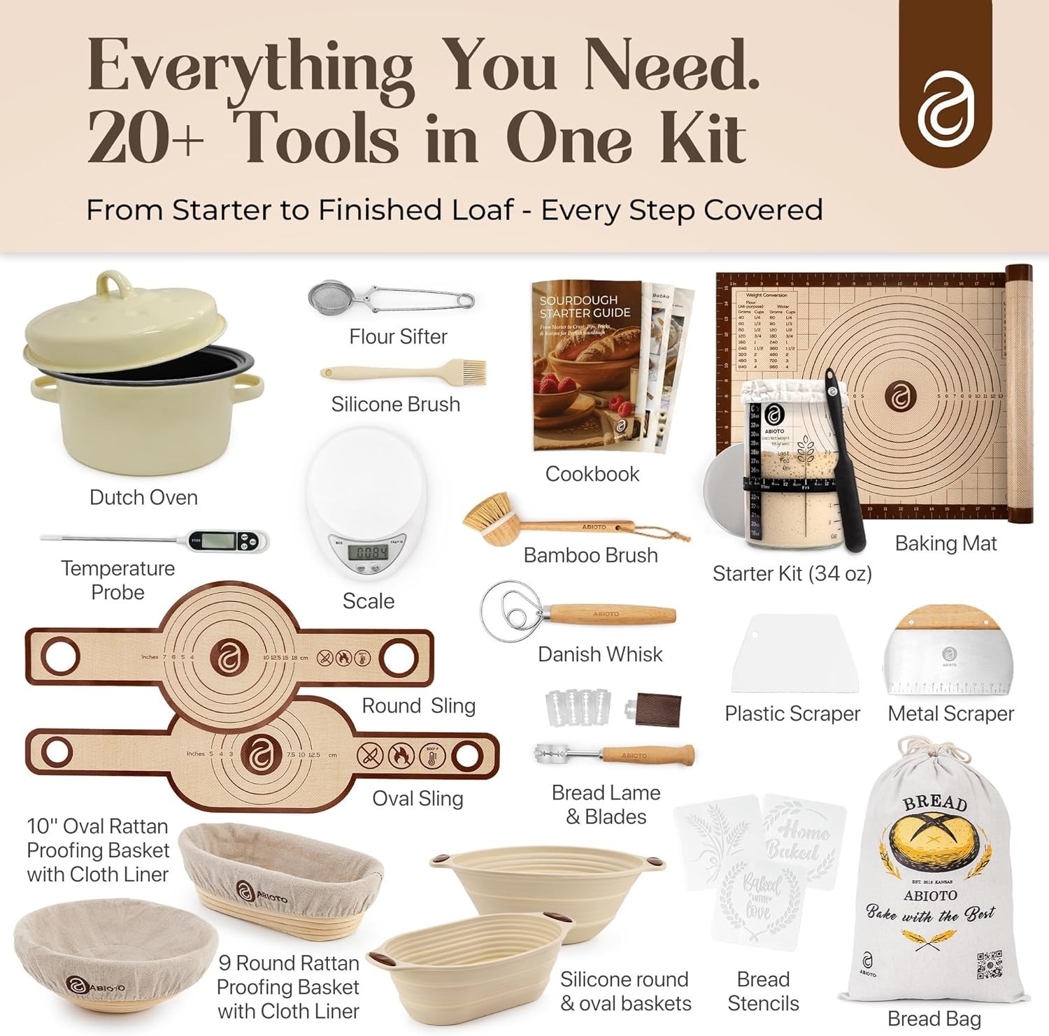 Complete Sourdough Baking Kit with Proofing Baskets & 34oz Jar for Perfect Bread