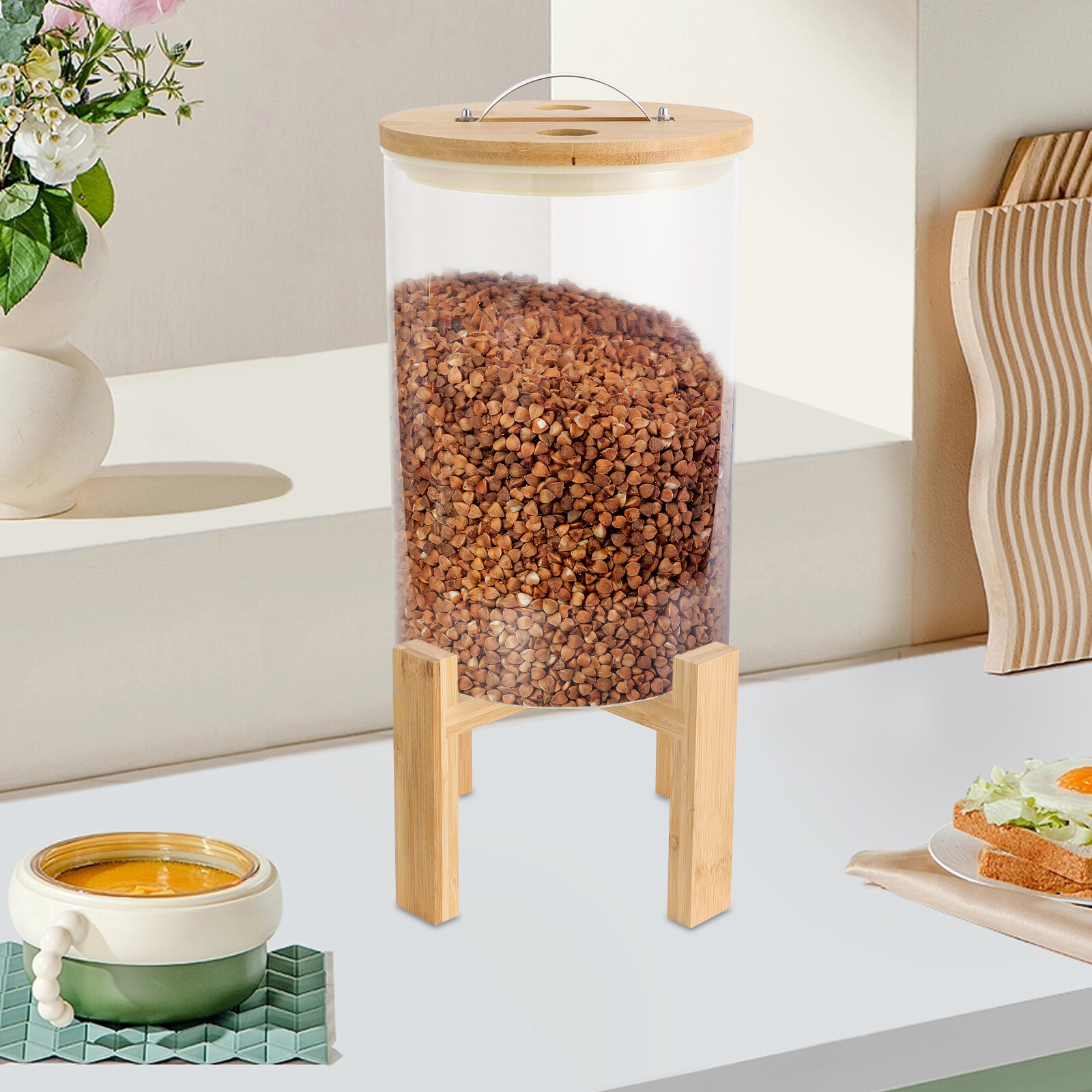 8L Rice Storage Container, Glass Grain Container, Rice Container with Lid& Stand