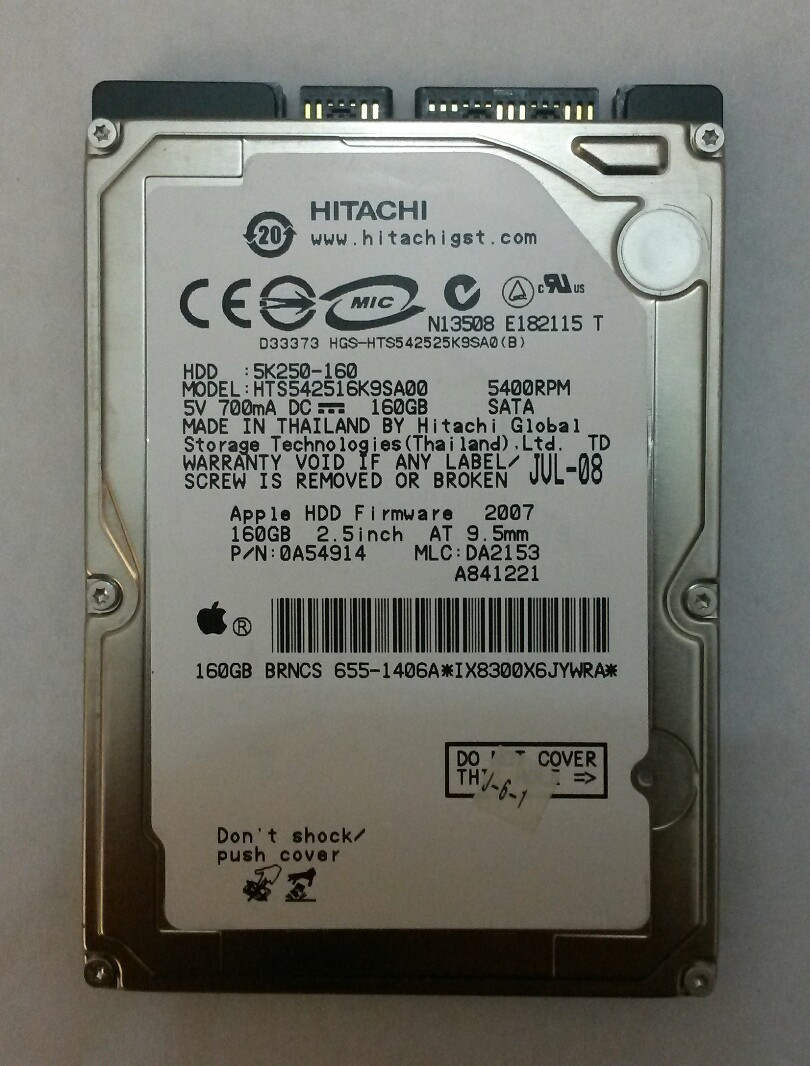 HITACHI HTS542516K9SA00 160GB SATA Laptop Drive P/N:0A54914  MLC:DA2153 F/W:2007