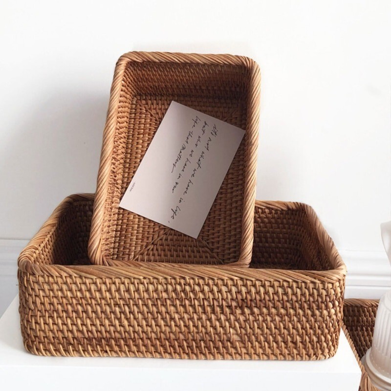 Handwoven Rattan Wicker Basket Rectangular Storage Box Home Décor Basket