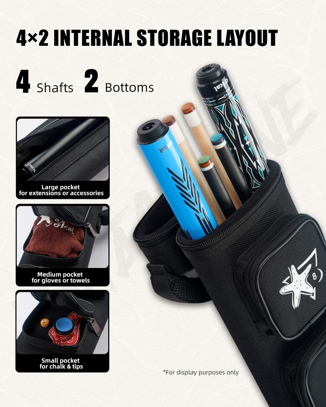 2x4 Pool Cue Case, Fabric Billiard Cue Case with Accessory Pockets, Adjustabl...