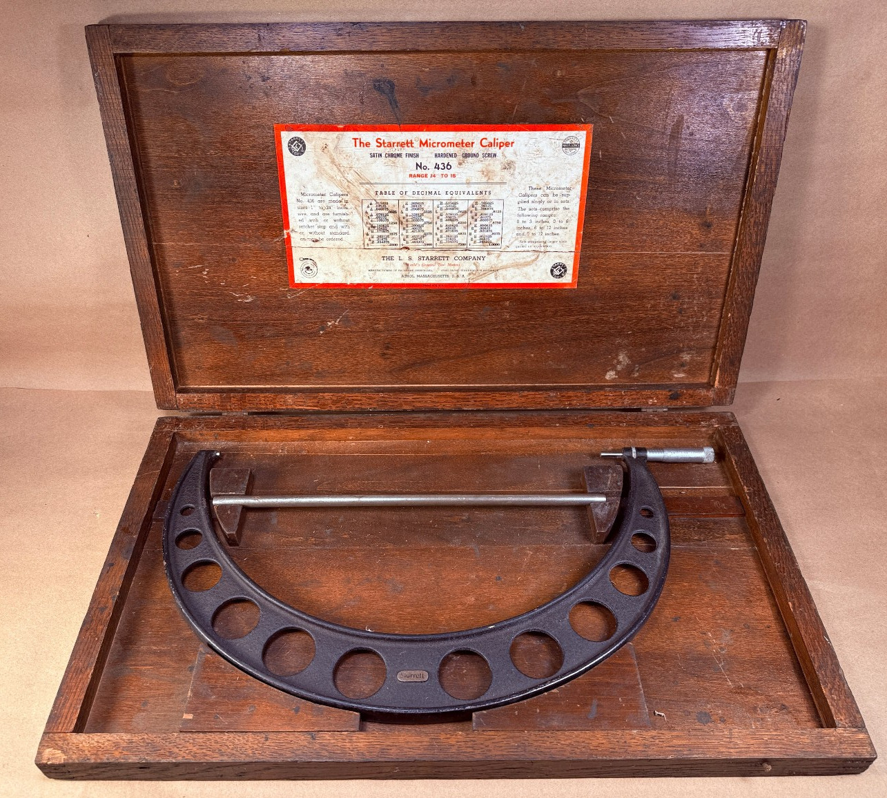 Vintage Starrett Outside Micrometer 436, 14" to  15" Wood Case