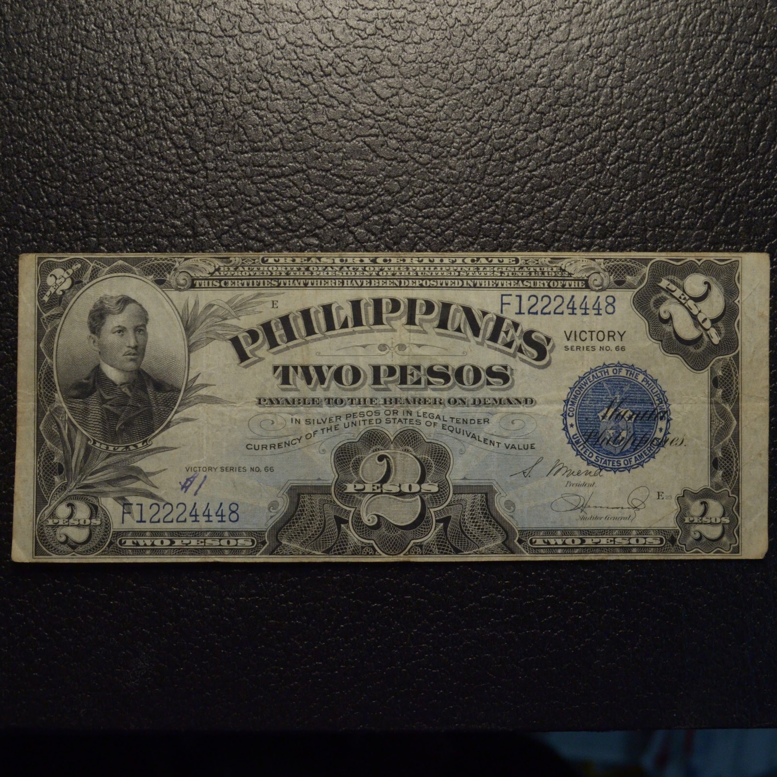 2 Pesos 1922 Philippines Victory Series 66 Treasury Certificate Serial #12224448