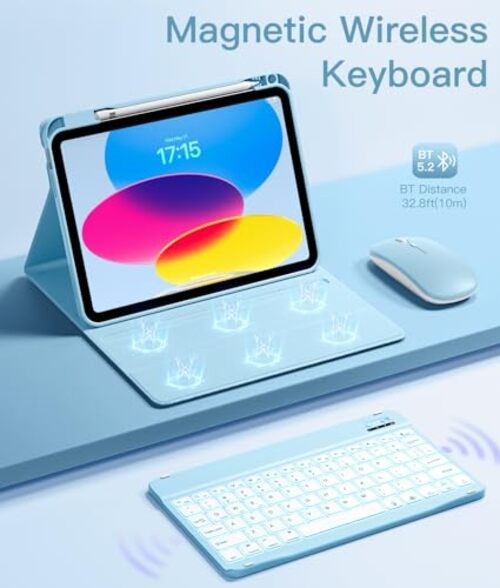 for iPad A16 Case with Keyboard - Mouse Backlit Wireless Detachable Sky Blue