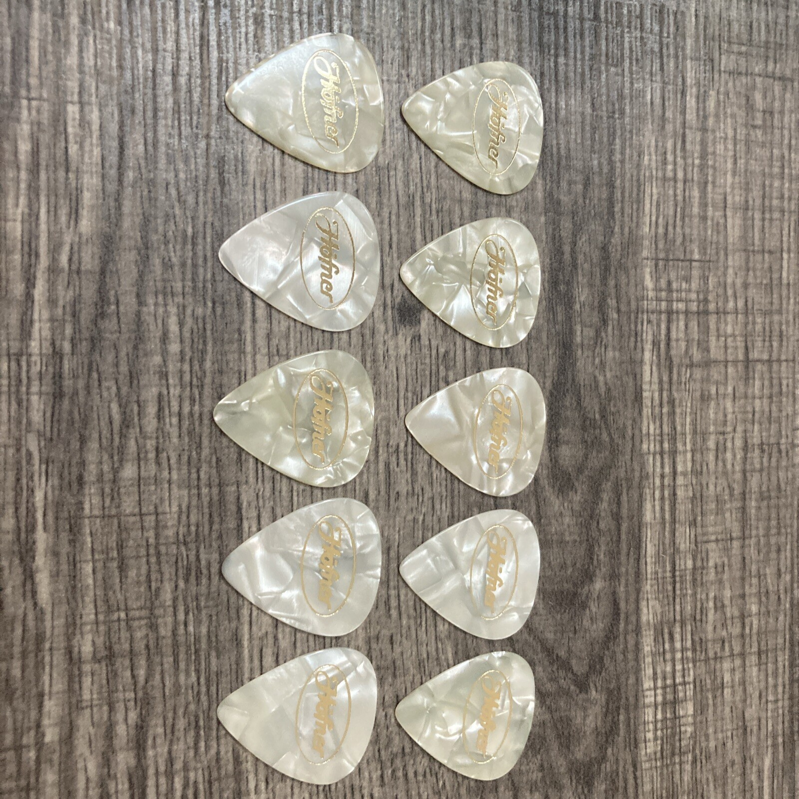 10 NOS   Hofner Pyramid  White Pearled And Gold Heavy Guitar Picks 20 Years Old