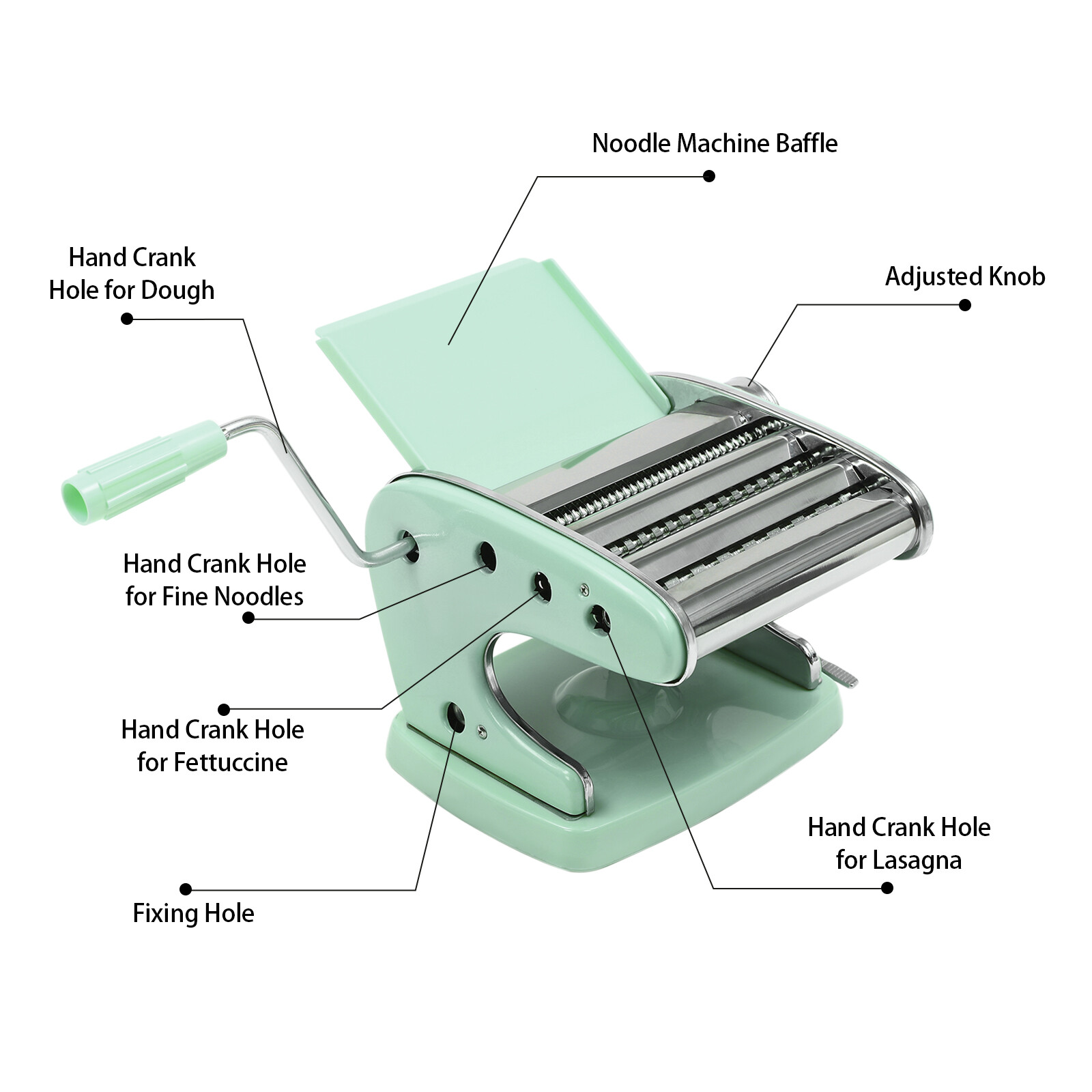 Green Manual Pasta Maker Machine W/ Adjustable Thickness Noodle Roller& Cutter