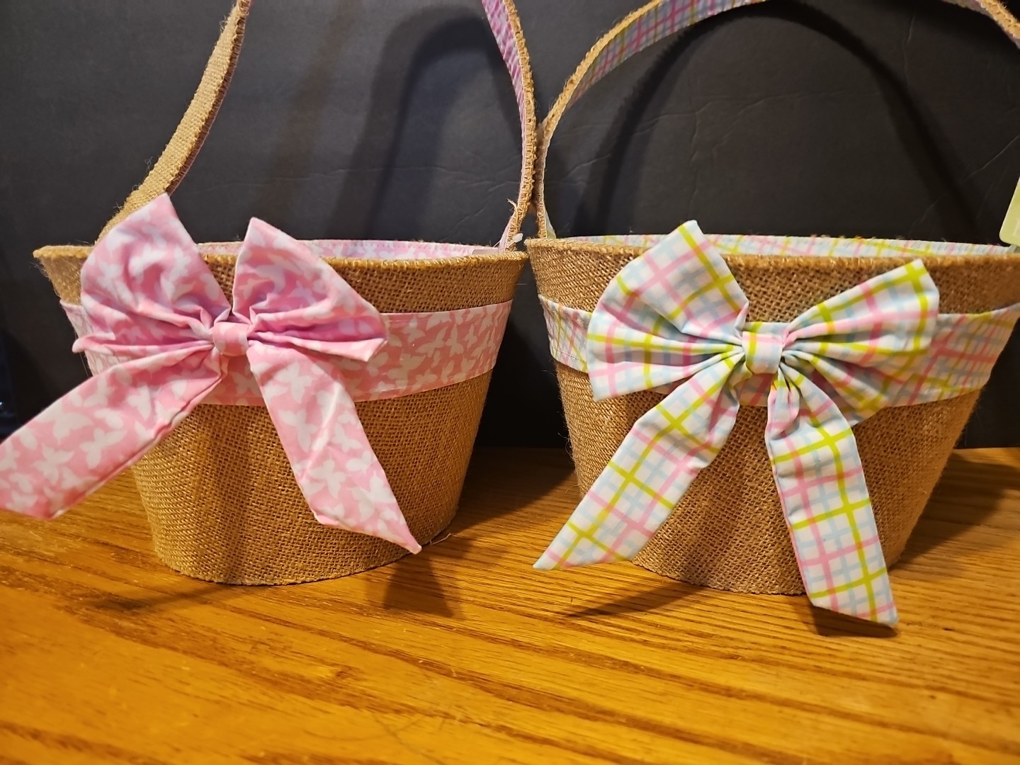 2 NEW Lightweight BURLAP FABRIC EASTER BASKET PASTEL PLAID BUTTERFLY Ribbon