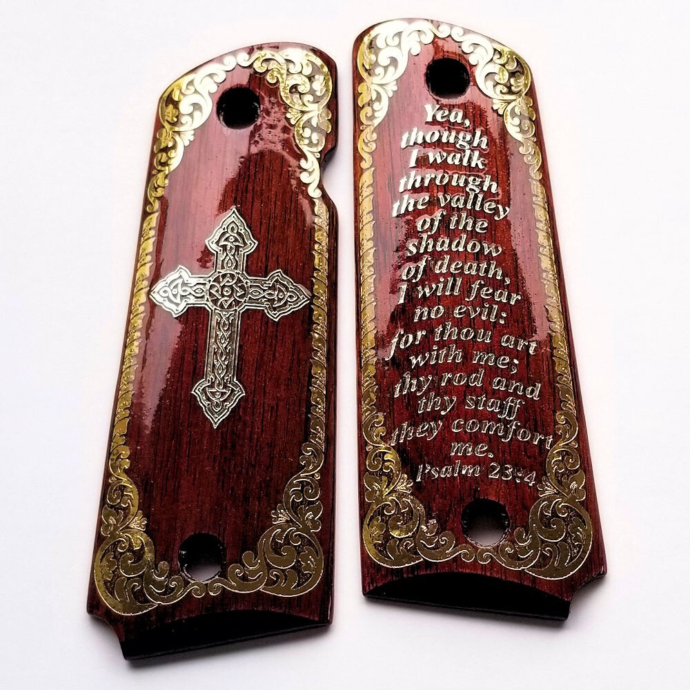 1911 full size custom engraved wood grips gold silver Psalm 23:4 Cross