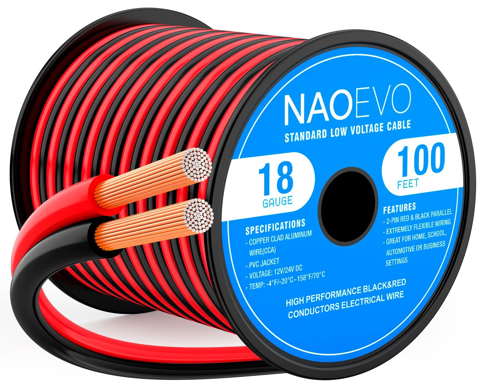 NAOEVO 18 Gauge Wire 100FT, 2 Conductors Electrical Red 100ft, 18AWG