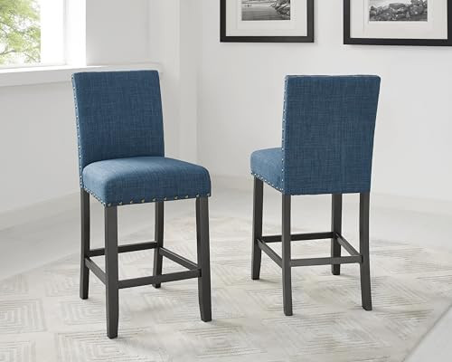 Biony Blue Fabric Counter Height Stools with Nailhead Trim, Set of 2