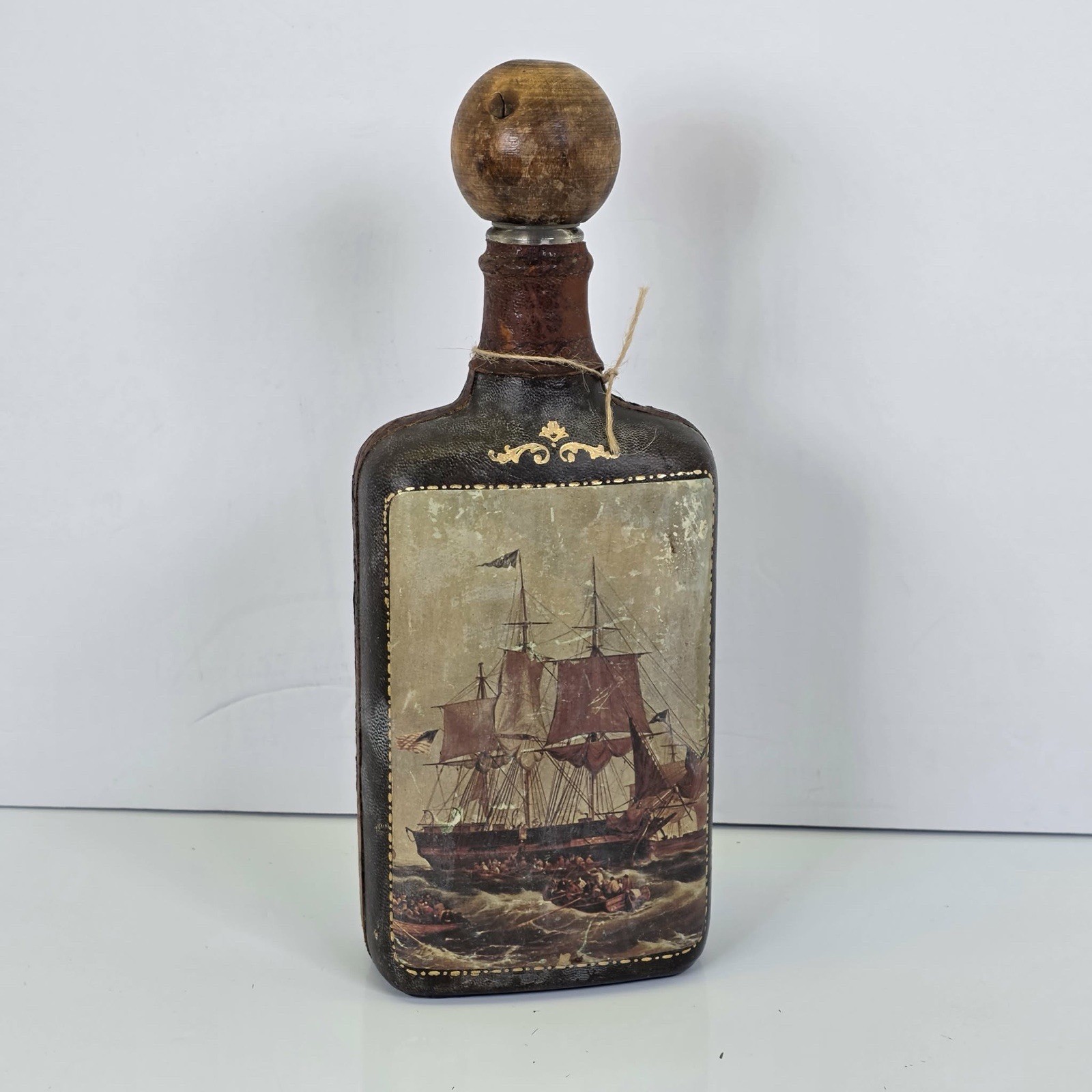 Leather Wrapped Bottle Italy Italian Sailing Ships Vessels ~ EMPTY