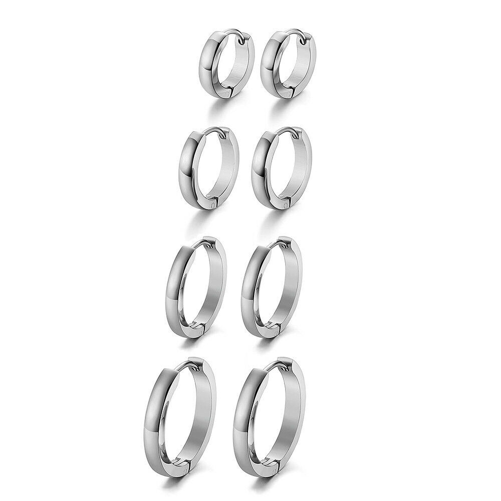 2Pcs Silver Stainless Steel Hinged Huggie Hoop Ear Earrings 7-14mm Women Men