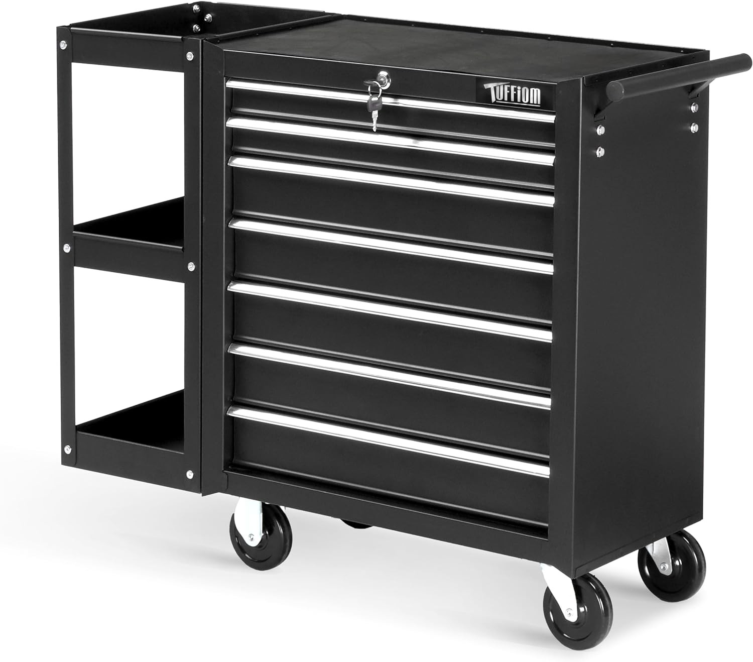 Heavy Duty 7-Drawer Rolling Tool Chest with Lock & Key, Side Shelves Black Steel