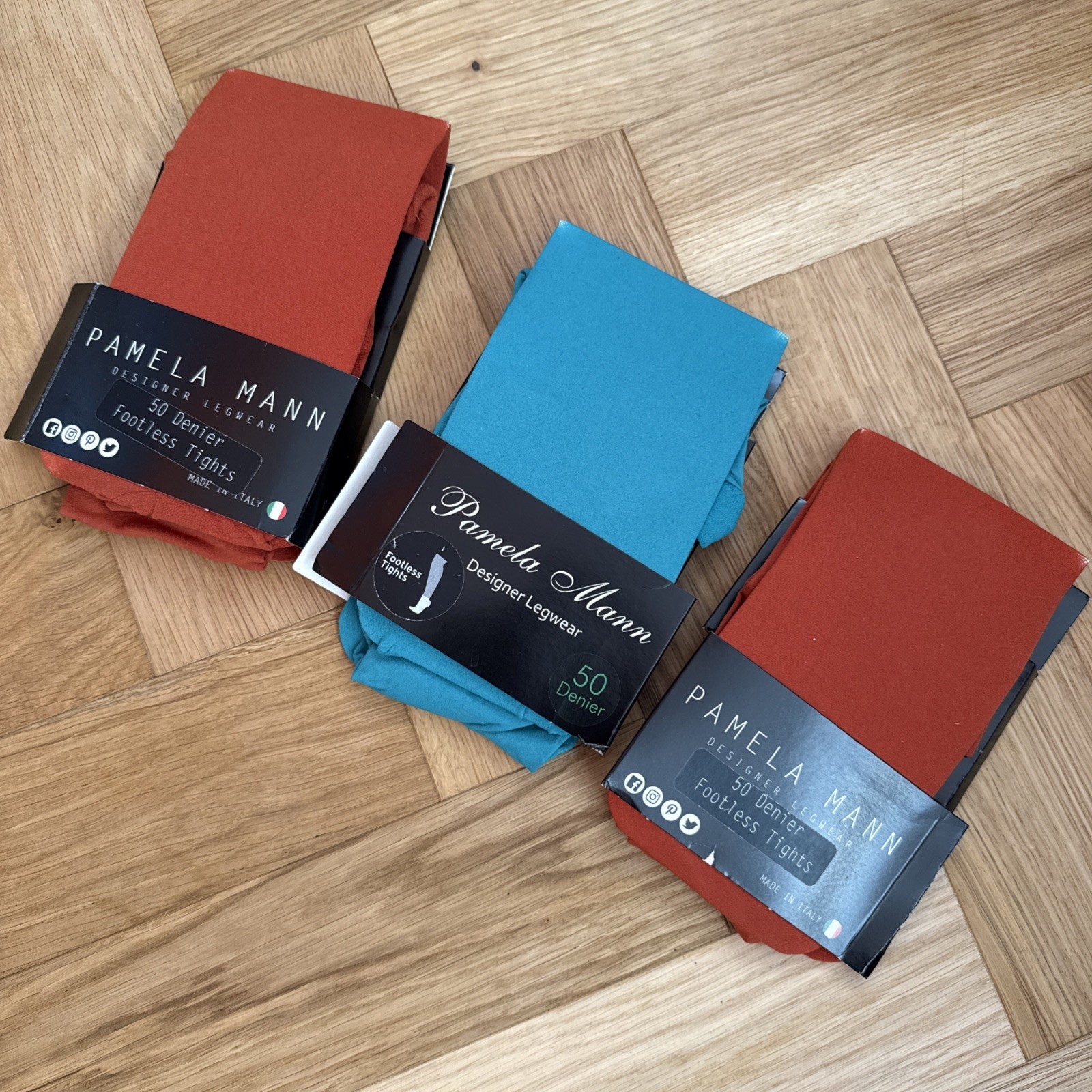 3 New Pamela Mann 50 Denier Footless Tights One Size Rust & aqua green