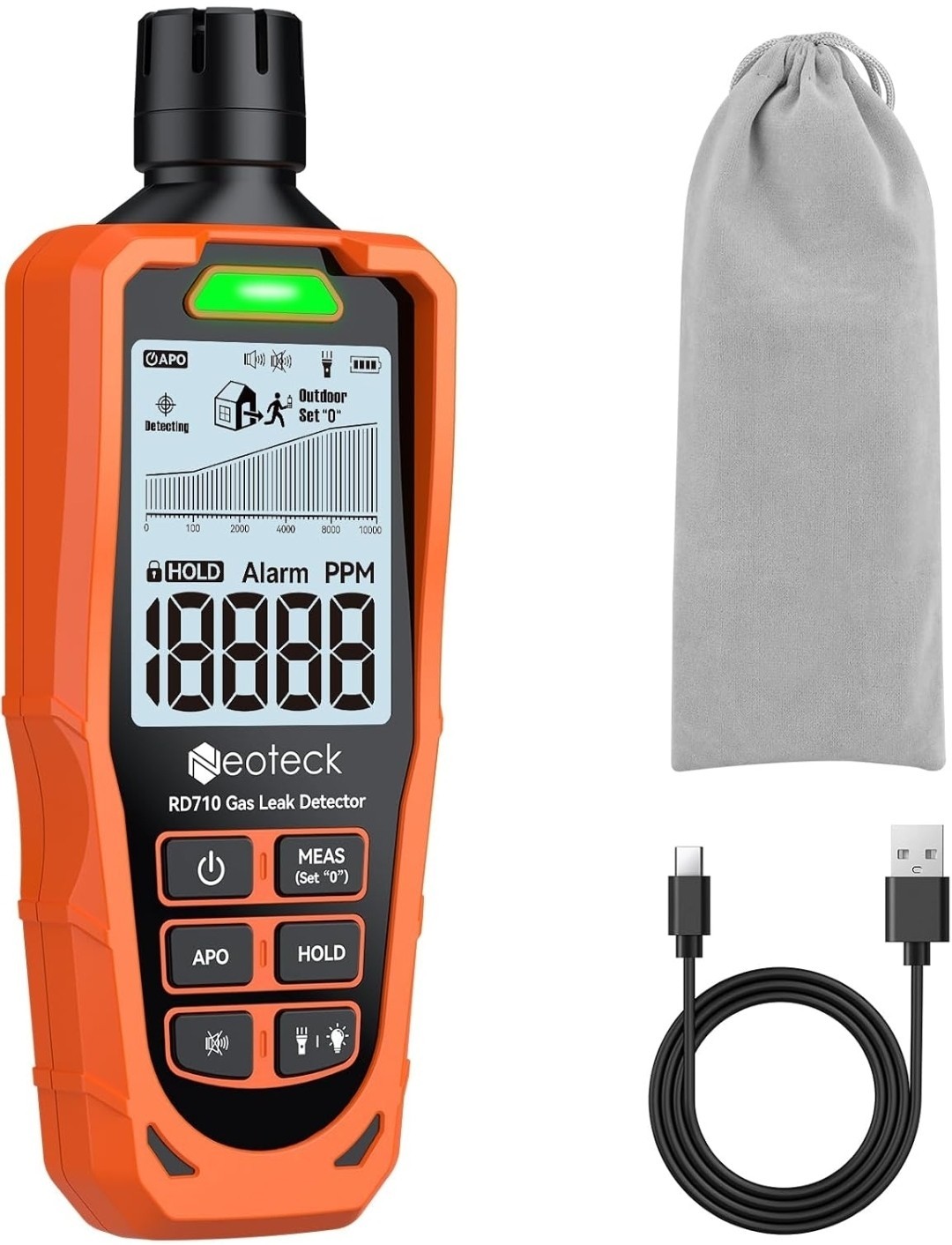 Rechargeable Gas Leak Detector 0–10,000 ppm, Natural Gas Tester, Audio & Visual