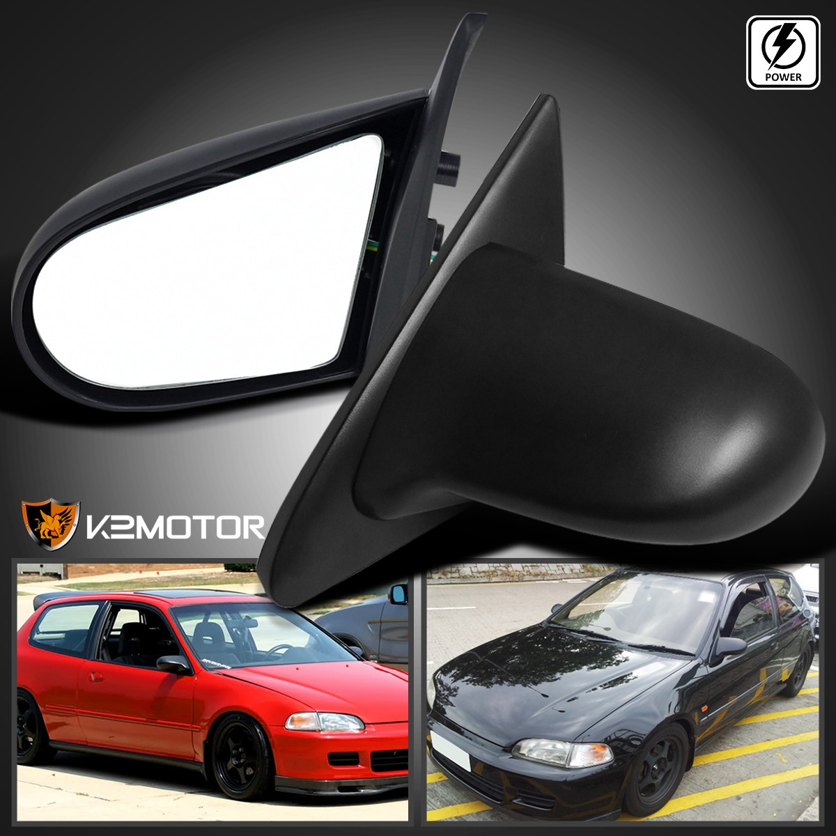 Fits 1992-1995 Honda Civic 2DR Power Adjustable Black Side Mirrors Left+Right