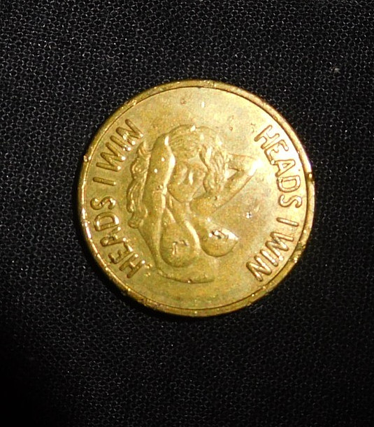Vtg Adult Nude Flipper Coin Medal Token 1" Brass Heads you win Tails you Lose