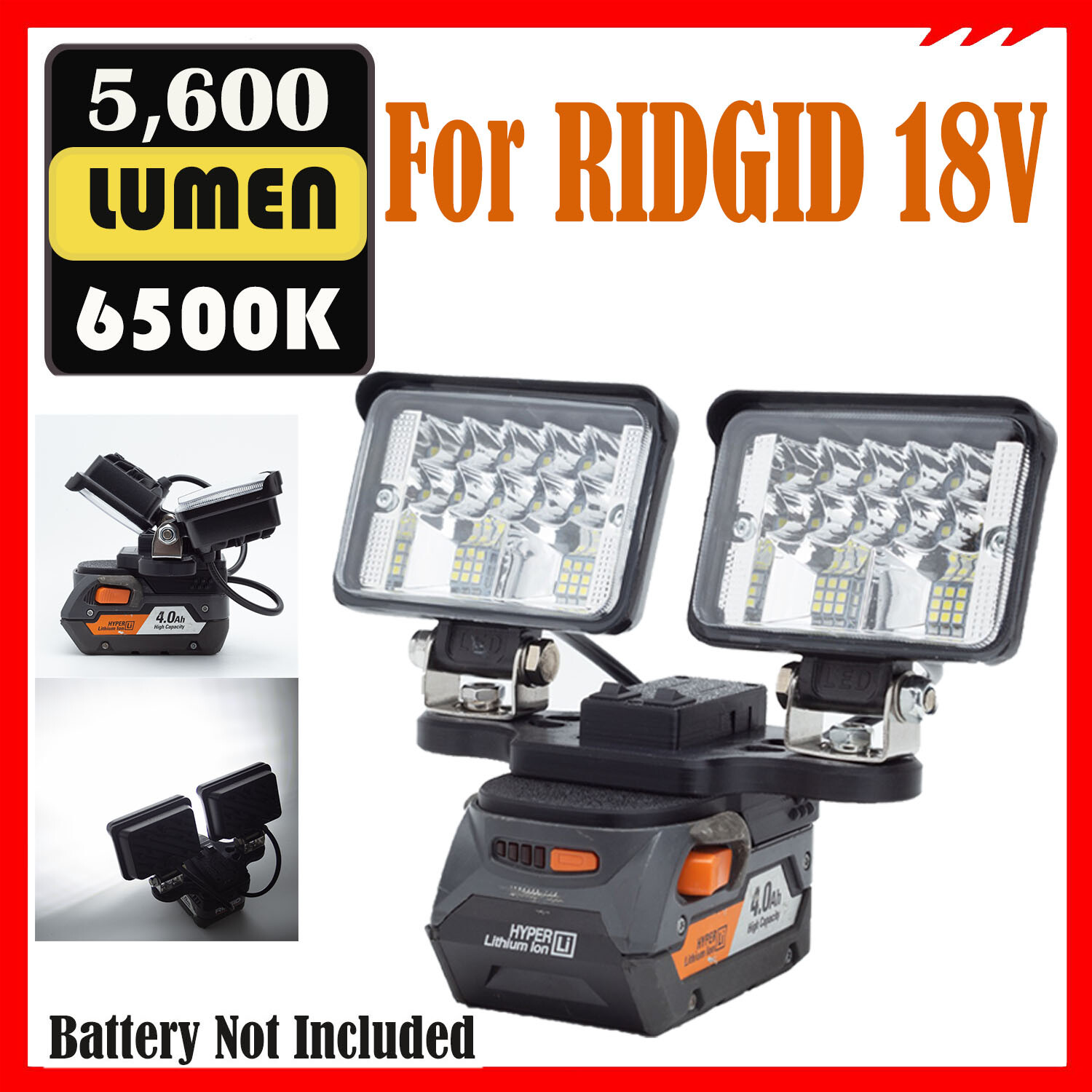 Cordless Dual Head LED Work Light For RIDGID 18V Lithium Battery Outdoor w/USB