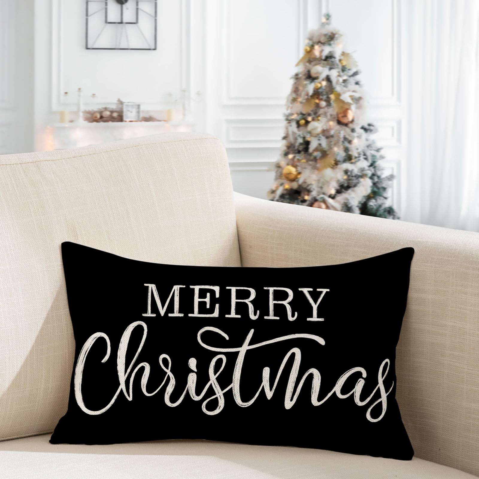 LOMCHEN Black Christmas Lumbar Pillow Cover 20" x 12" (Pack of 1),