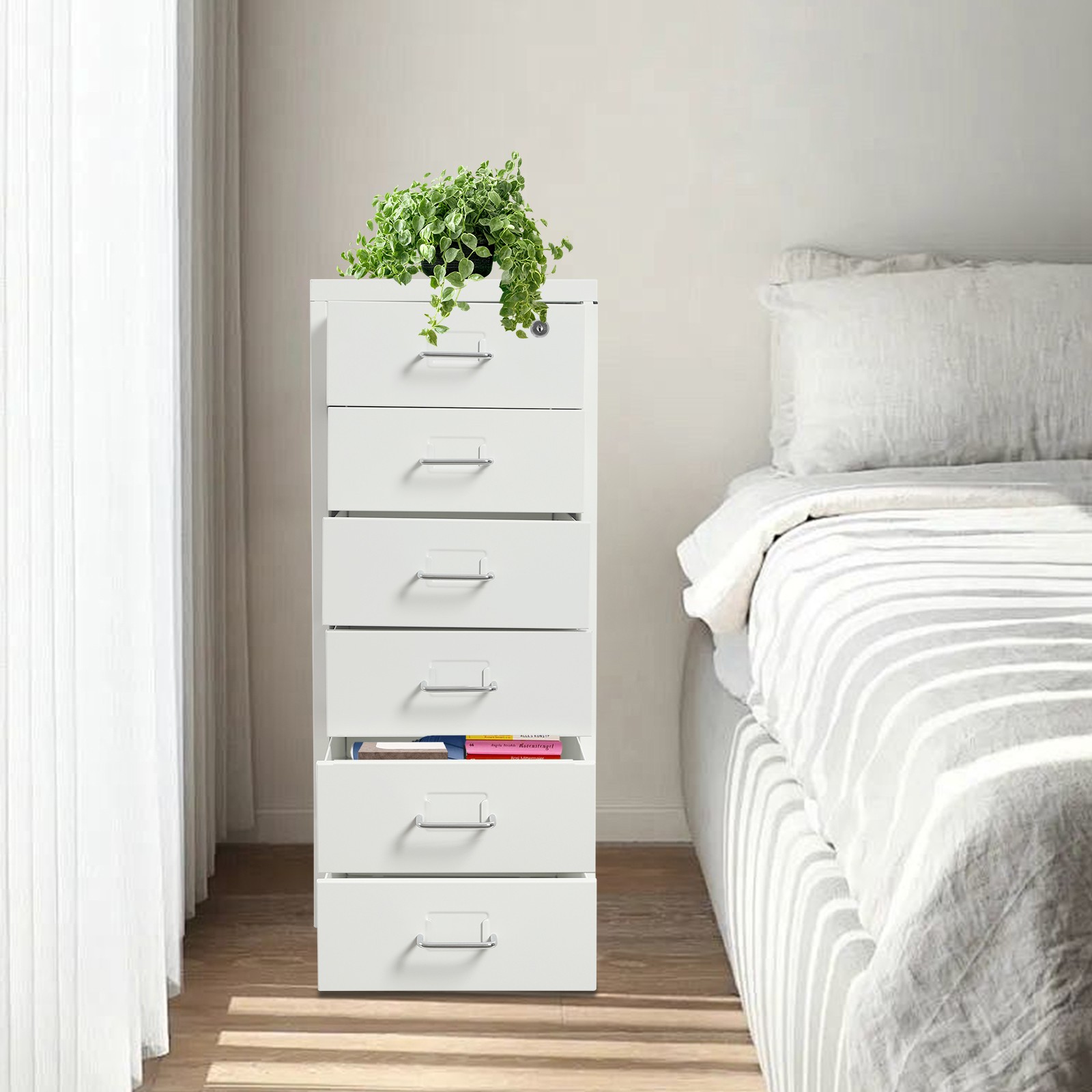 6 Drawer Filing Cabinet Metal Vertical File Cabinet Lockable Storage W/4 Wheels