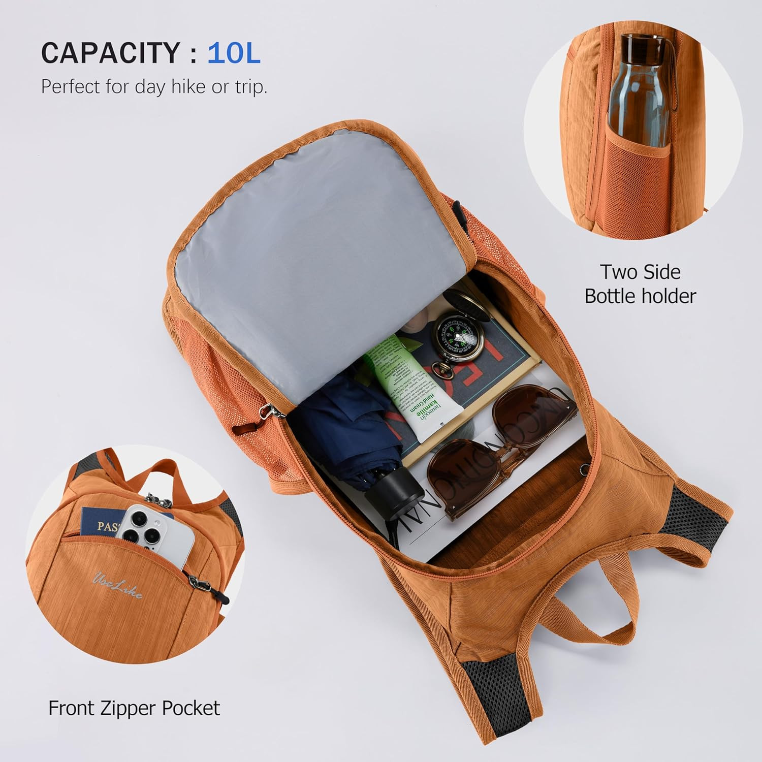 10L Lightweight Packable Hiking Backpack for Travel - Unisex (Orange)