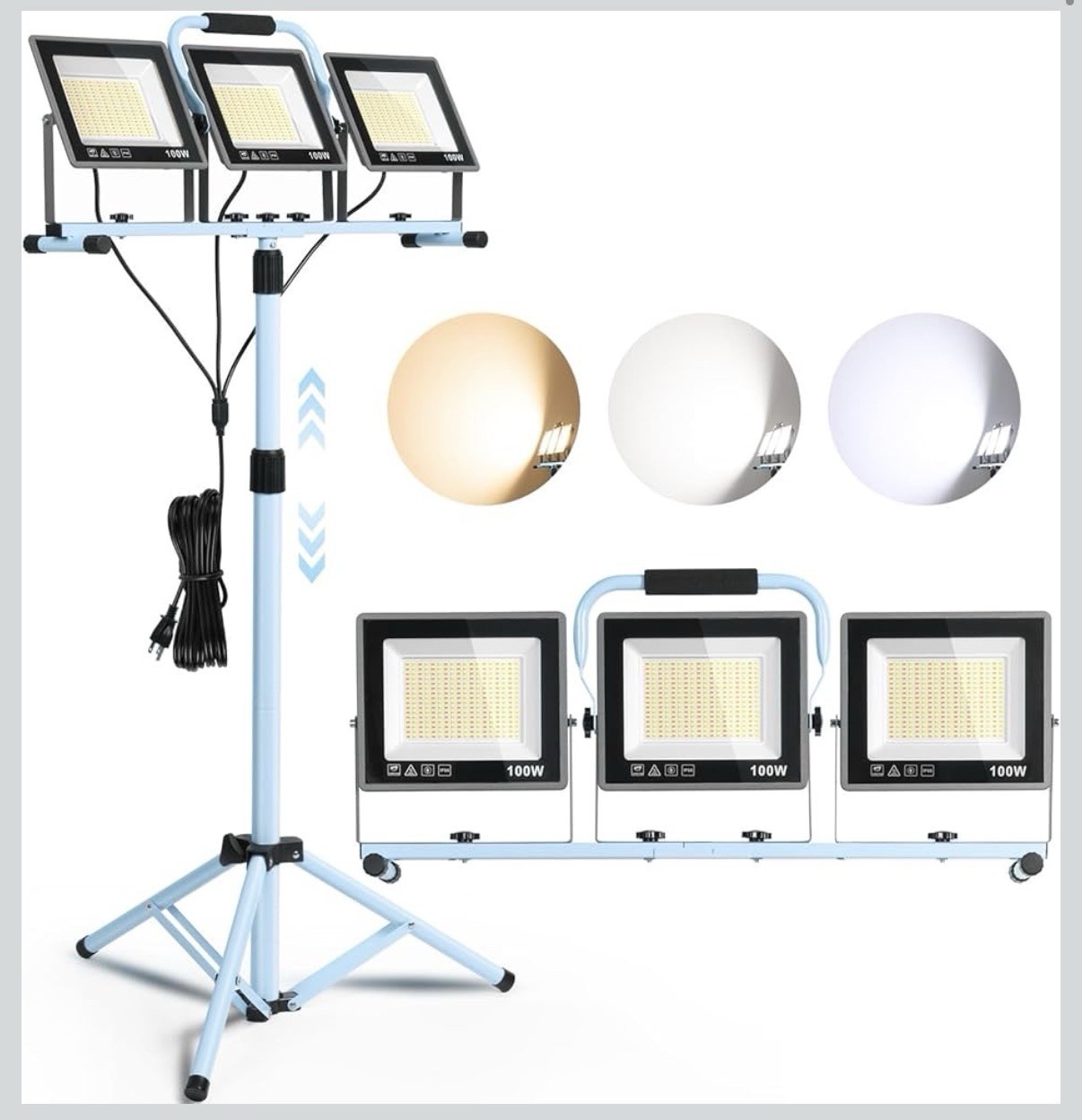 30000LM 3-Head Swivel LED Work Light w/ Stand Adjustable Height Color Temp IP66