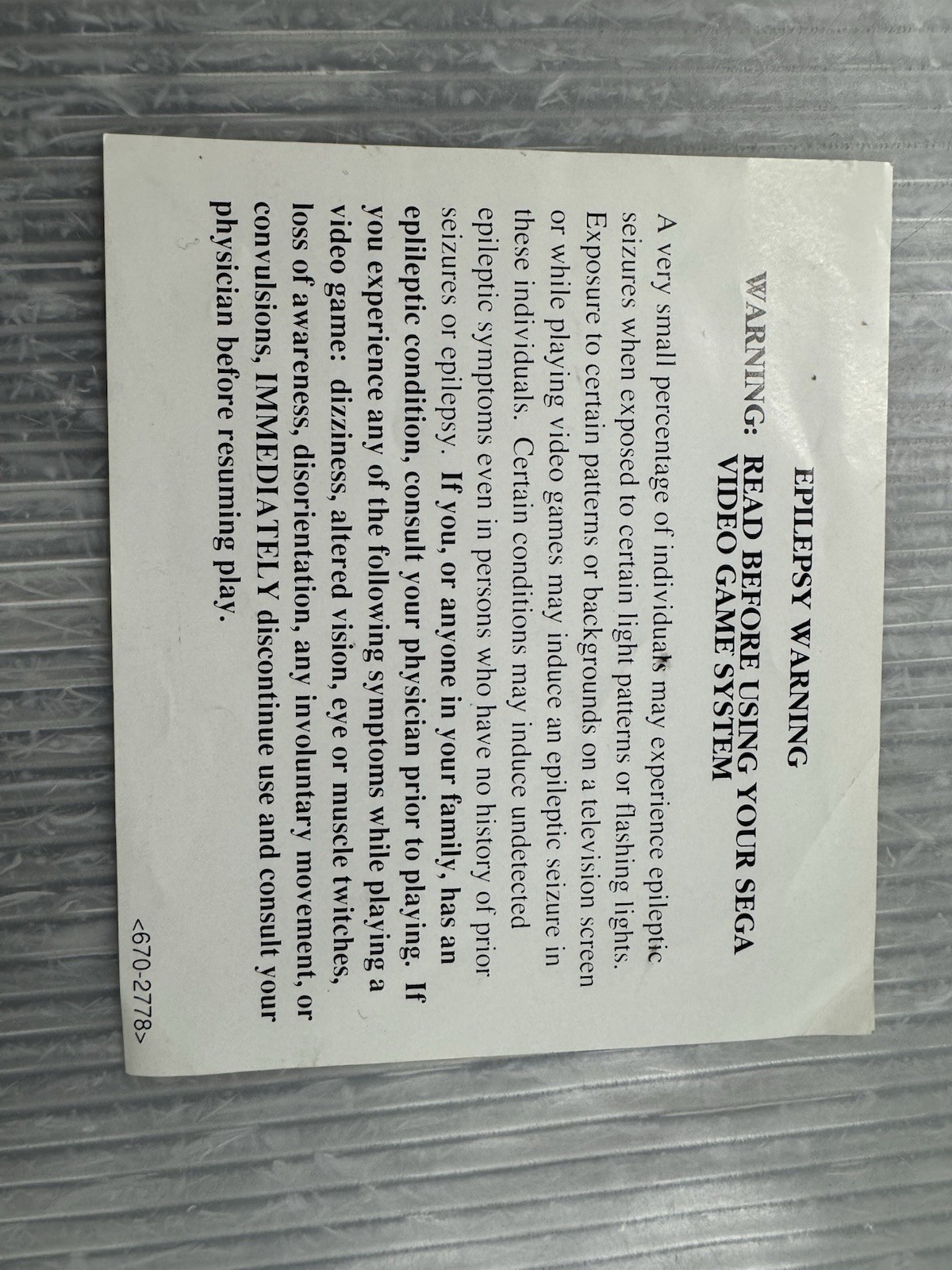 SEGA GENESIS Video Game System EPILEPSY WARNING insert sheet ONLY