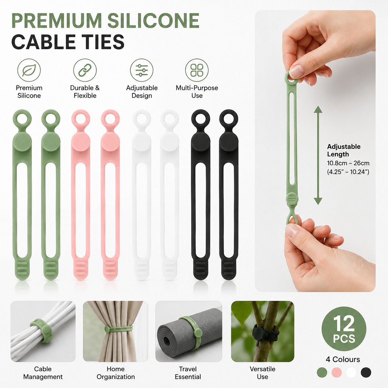 Reusable Silicone Cable Organizers 12 Pack | Cord Management Straps Multicolor