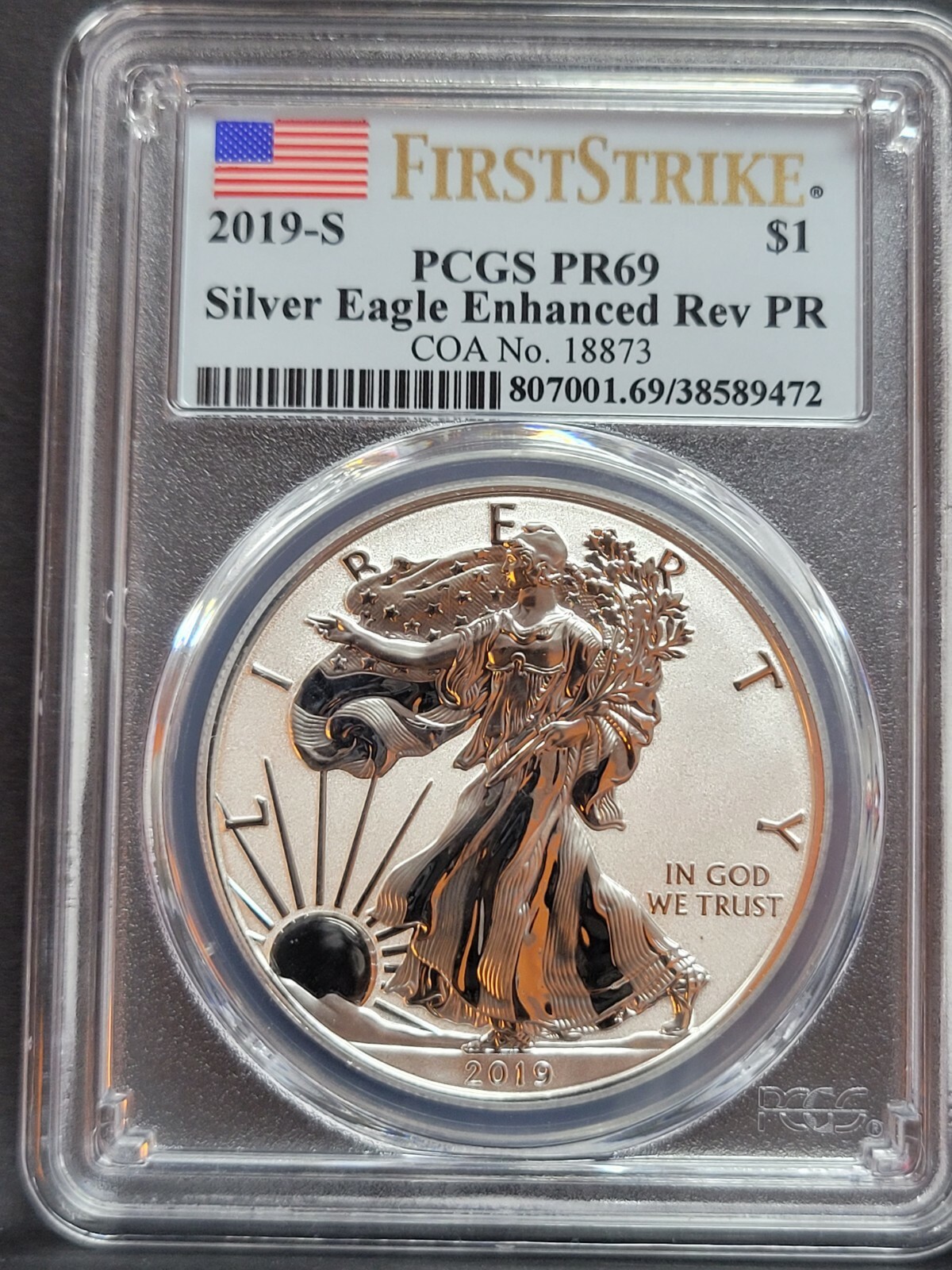 2019 S Silver Eagle ENHANCED REVERSE PCGS PR69 PF69 FIRST STRIKE , FS COA#18873