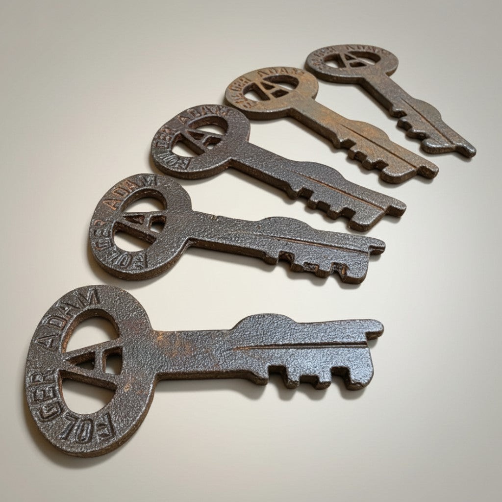 Folger Adam "A" Embossed Cast Iron Keys — Set of 5